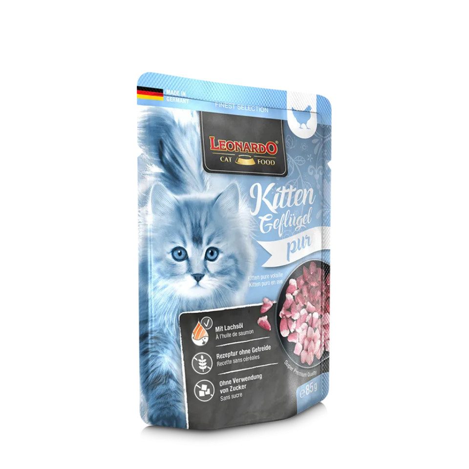 Leonardo Catfood Kitten Geflügel Pur - getreidefreies Nassfutter mit Lachsöl 16x85g, Nassfutter für: Katzen