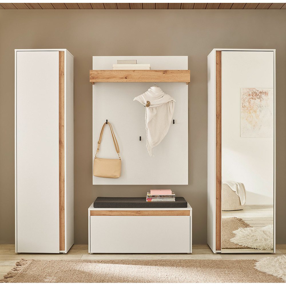 Lomadox Шафи-Set CRISP-61, (Spar-Set, 4-St., Шафиpaneel Schuhbank Шафиschrank), in weiß mit Eiche Nb. modern, mit Sitzkissen