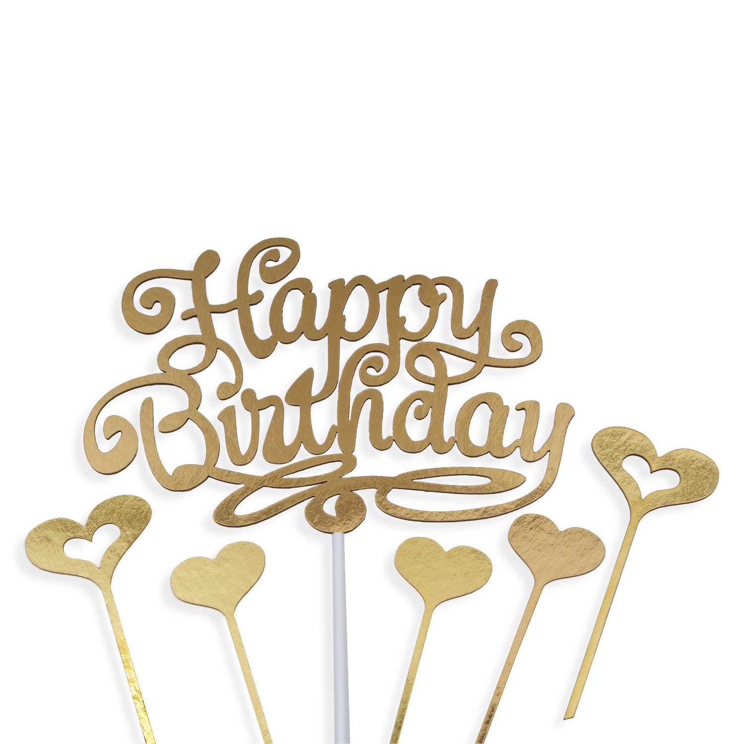Tortenstecker „Happy Birthday" Cake Topper in glänzender Goldoptik, Inklusive 5 dekorativer Herz-Topper