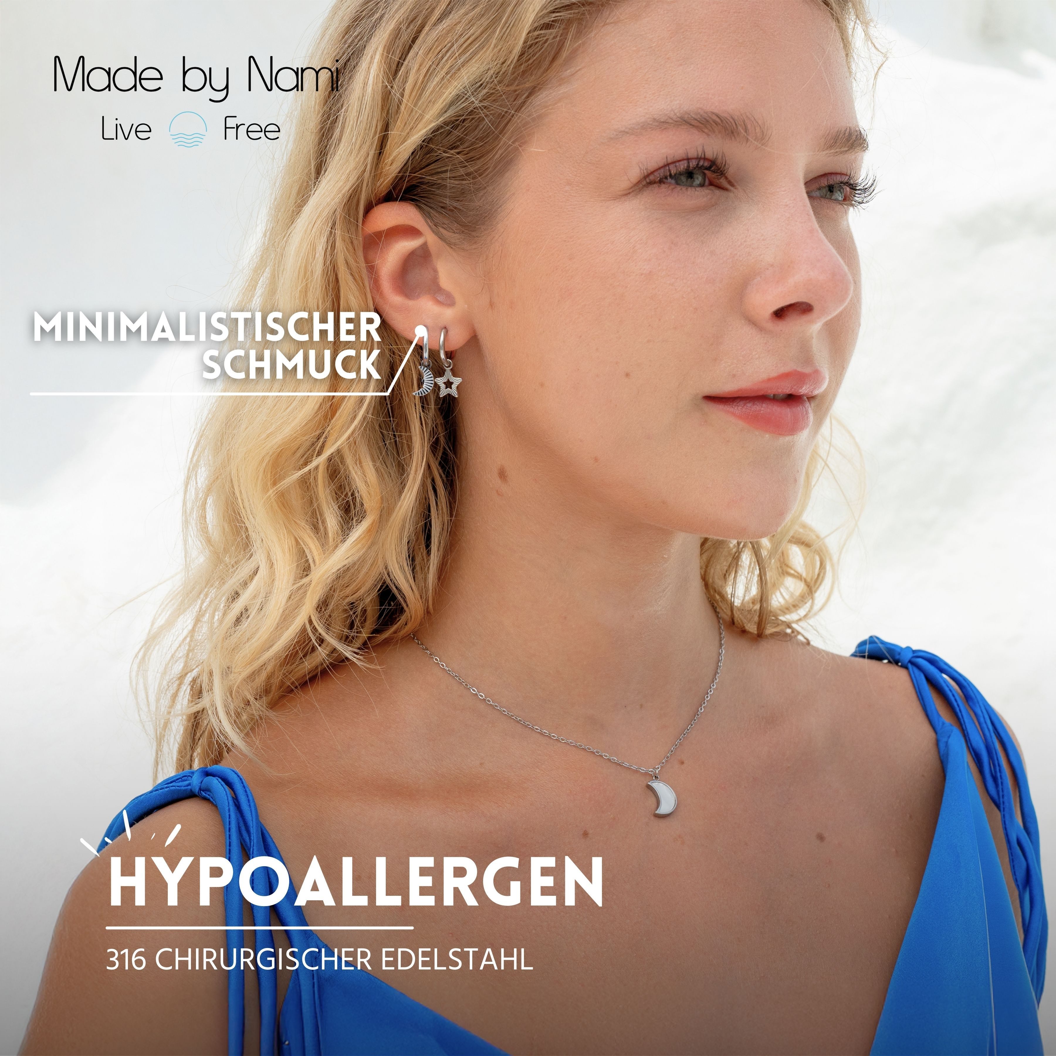 Made by Nami Paar Ohrhänger Set Ohrhänger Silber/Gold Edelstahl Stern Mond hypoallergen wasserfest, aus Edelstahl – Boho-Stil – für empfindliche Haut – alltagstauglich