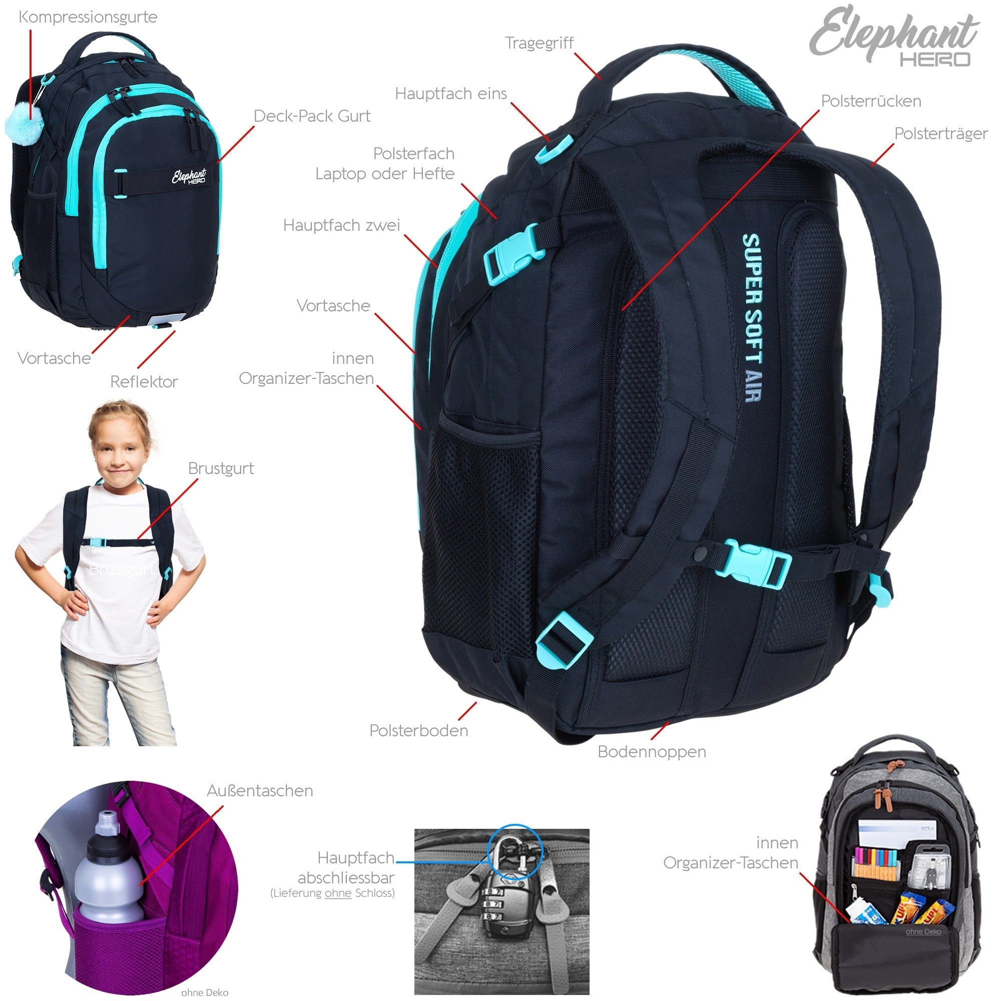ELEPHANT Schulrucksack Hero Signature Schultasche (Set, 3-tlg., 3 Teile Rucksack Sporttasche Mäppchen Box), Softcase Schulranzen Schulmappe +rsm – Bild 5 von 5