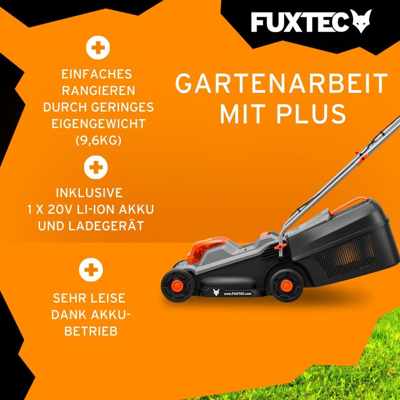 FUXTEC Akkurasenmäher FX-E1RM20ECO-SET, 30 cm Schnittbreite, 30 cm Schnittbreite, 30 L Fangkorb, 20V Akku, 30-70mm, 9,6 kg