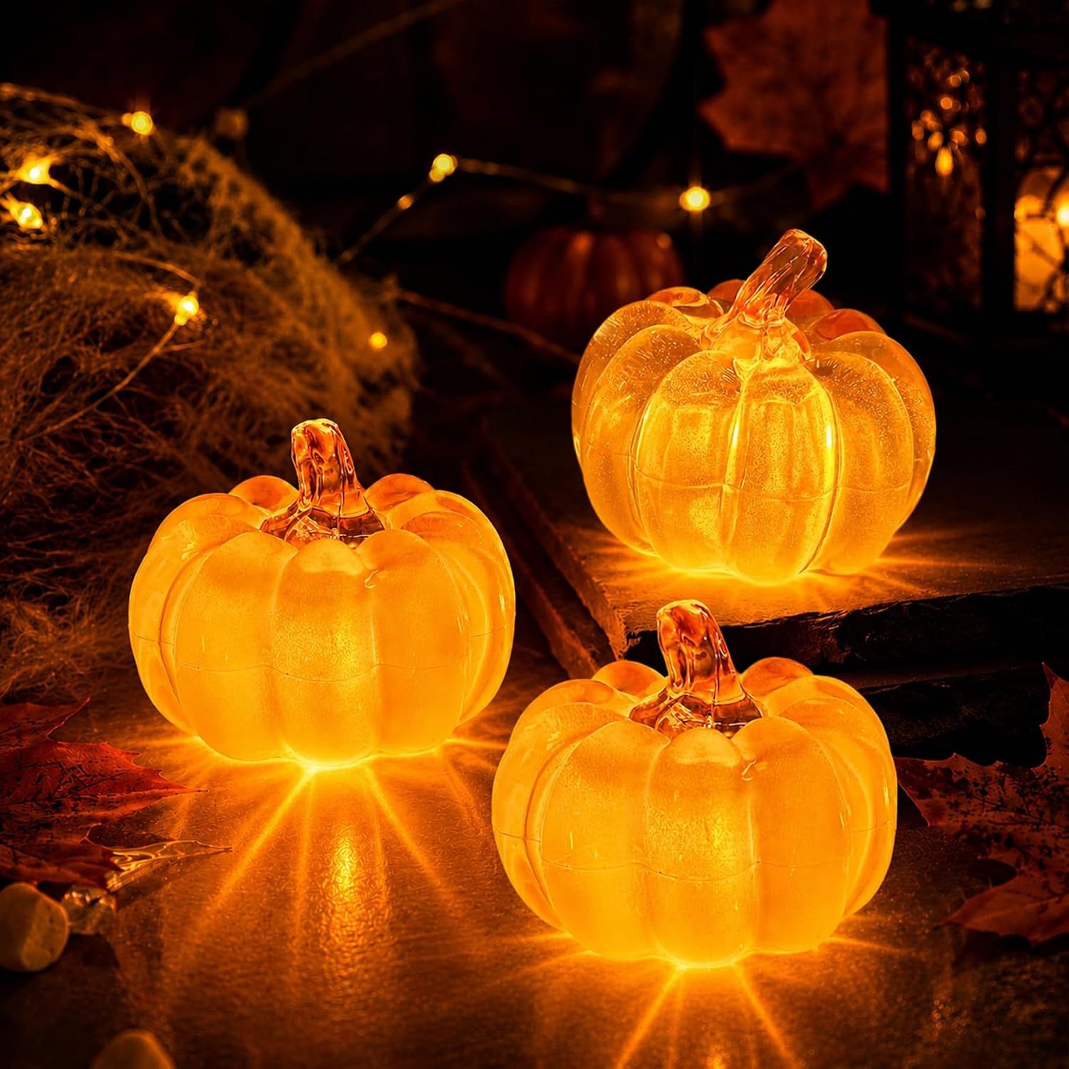 FELIXLEO Dekofigur 3 Stück Halloween Kürbis Deko mit LED Licht als Laterne