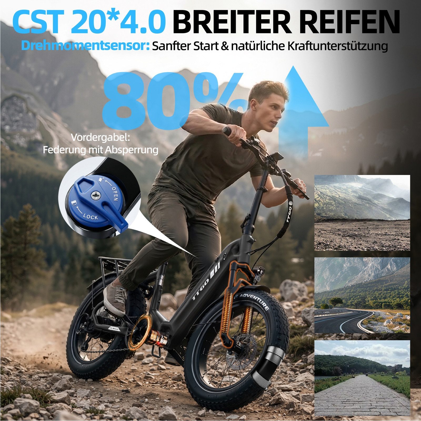 TTGO E-Bike Klapprad 20 Zoll, 70Nm, 140km, Drehmomentsensor, Lockout-Federgabel, Faltrad, 7 Gang SHIMANO, Kettenschaltung, Heckmotor, 864 Wh, 4,0'' Fatbike-Reifen, max. 150kg, Elektrofahrrad, hydr. Bremsen