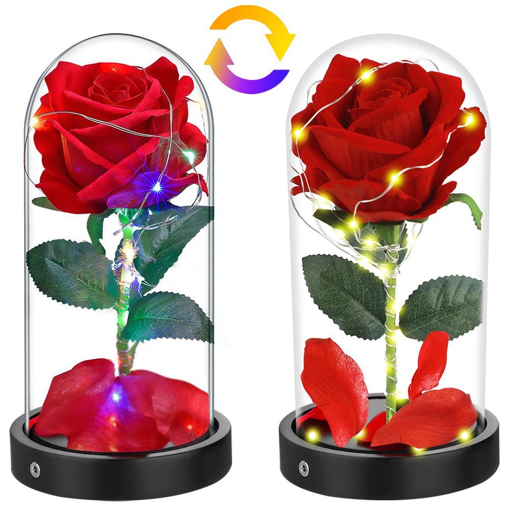 Kunstblume LED Geburtstag im Valentinstag Ewige MUPOO, LED-Licht, Hochzeitstag mit Muttertag Weihnachtstag Kunstblume Glas Blume Dekolicht Rose Rote für
