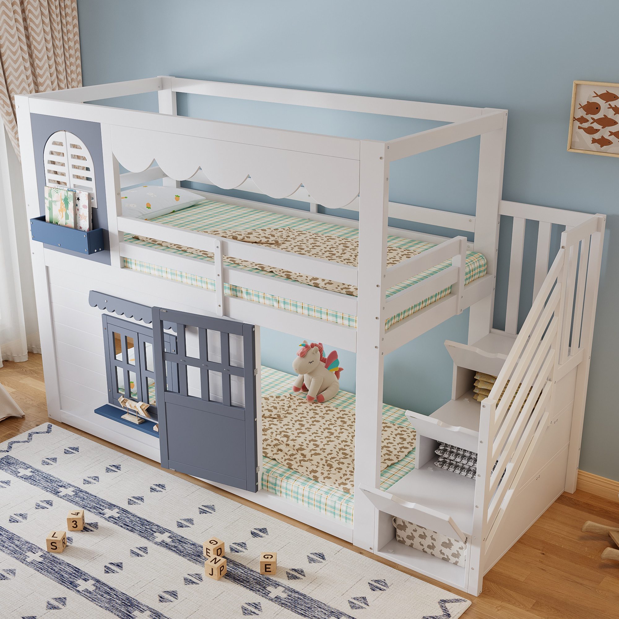 KEFEYA Hochbett mit Hausdesign, Stauraumtreppe & aufklappbarer Tür (halbhohes Spielbett mit Fenstern und Rausfallschutz, für Kinderzimmer & Spielecke, 1-St., 254x103x180cm)