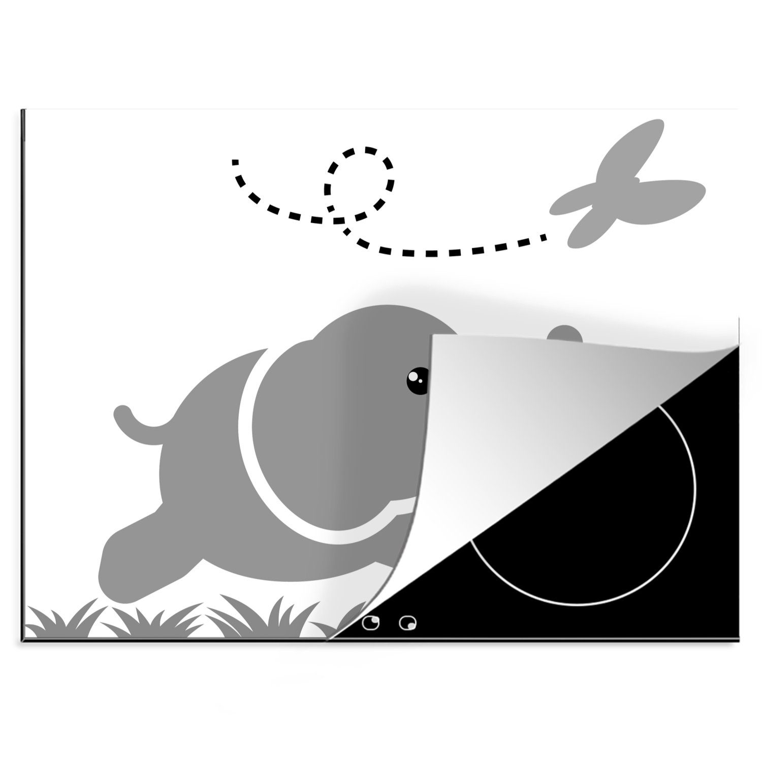 MuchoWow Herdblende-/Abdeckplatte Illustration eines kleinen Elefanten mit einem Schmetterling - schwarz, Vinyl, (1 tlg), 70x52 cm, Mobile Arbeitsfläche nutzbar, Ceranfeldabdeckung