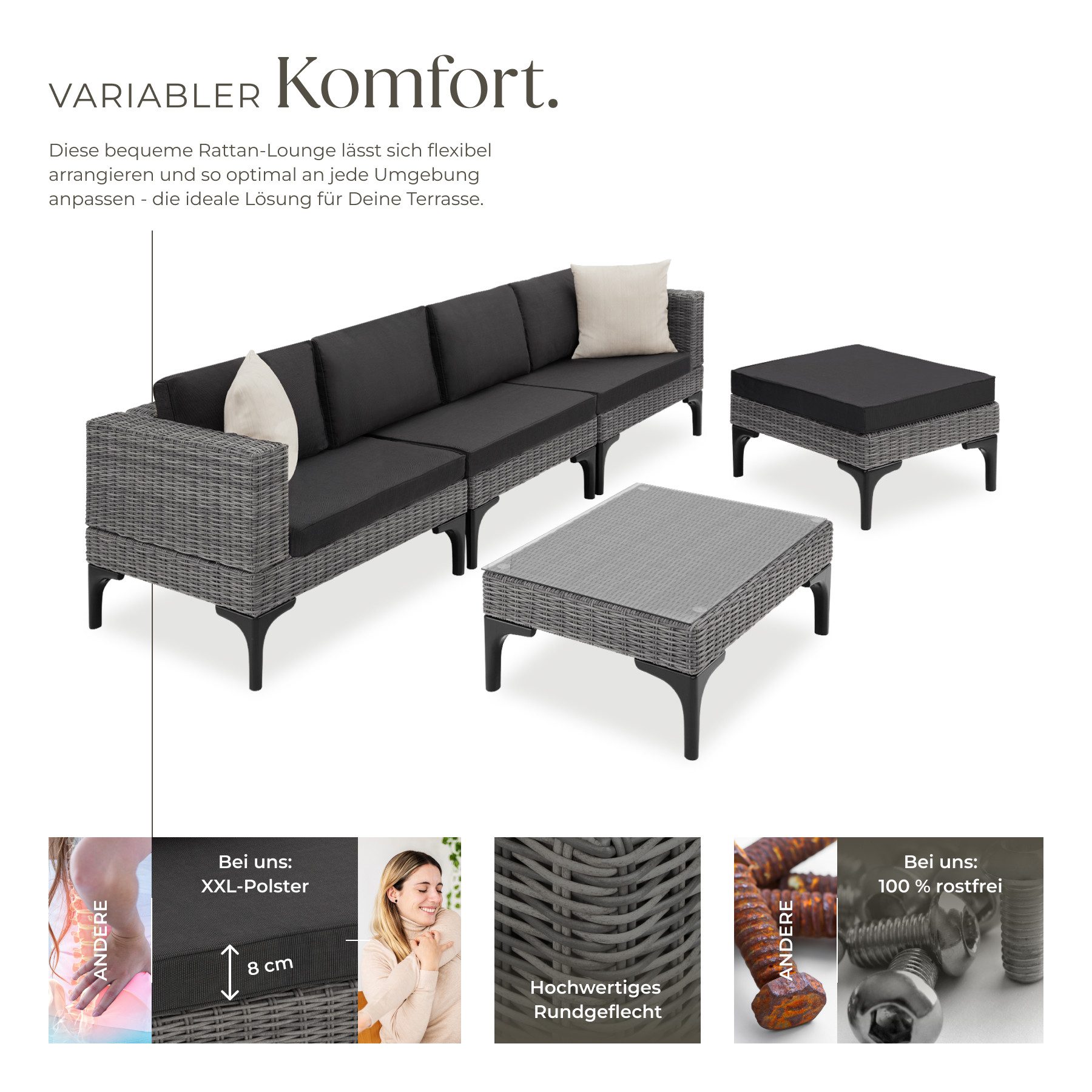 tectake Loungeset Rattan Sitzgruppe mit Aluminiumgestell, hochwertiges Geflecht, (Gartenlounge-set Konstanza, 5-tlg., geeignet für Outdoor in Grau), wetterfest und UV-beständig, Dicke der Sitzpolster 8 cm