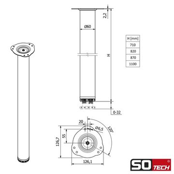 SO-TECH® Tischbein Ø 60 mm, belastbar bis 75 kg pro Stück, höhenverstellbar, Höhe 71 cm, Stahl, weiß, 4x