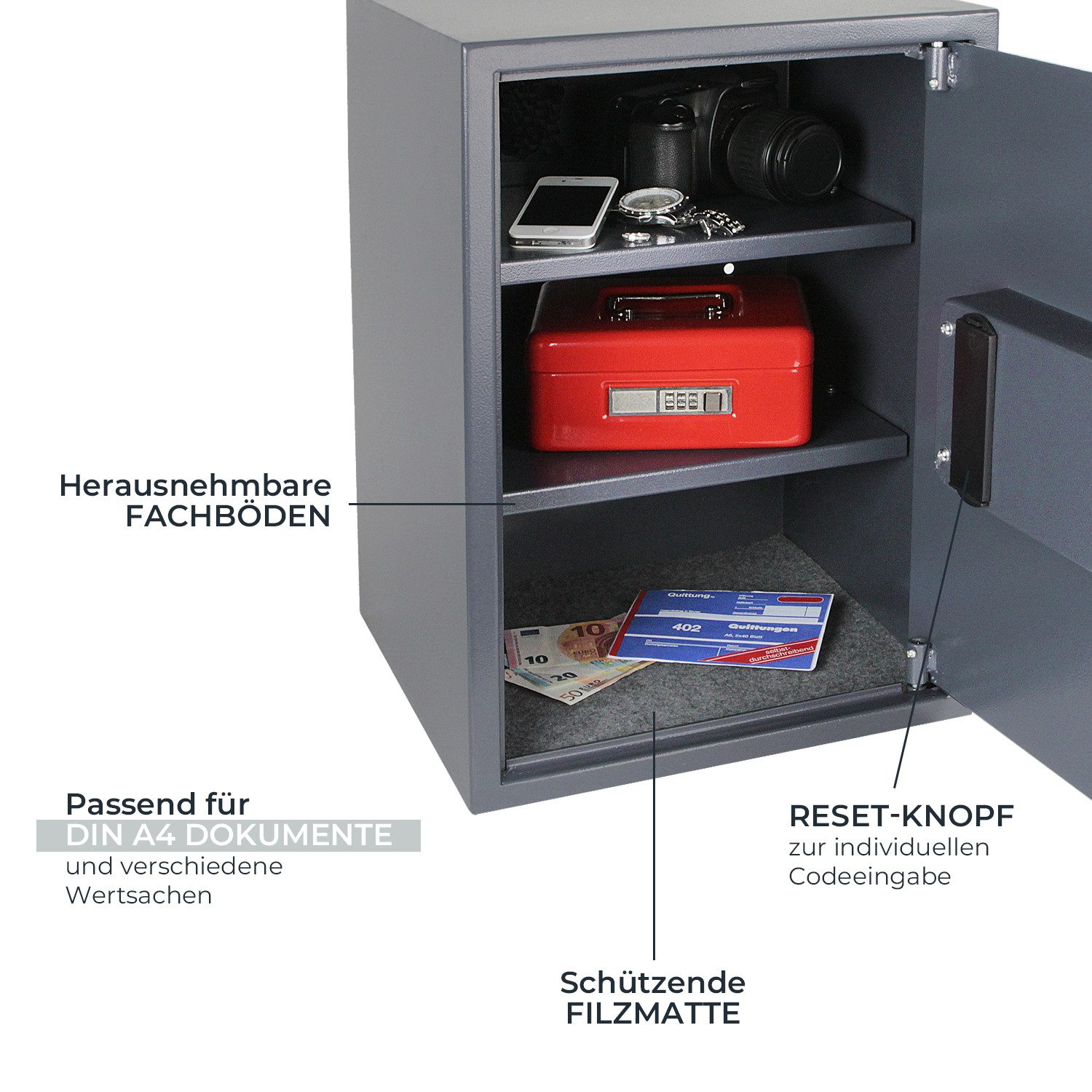 HMF Möbeltresor Robuster Tresor aus Stahl (inkl. Notschlüssel), Schließfach mit Elektronischem Schloss, 35 x 50 x 31 cm, anthrazit