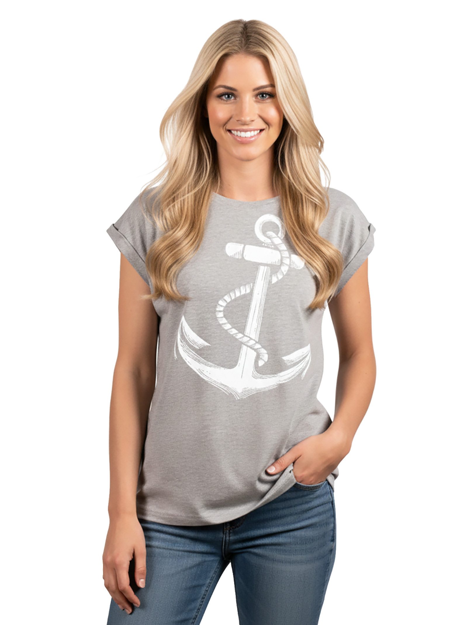 MAKAYA Print-Shirt Damen Anker Motiv Sommer Top Maritime Frauen Oberteile Tunika (Kurzarm, Rundhals, blau, grau, rosa, schwarz) aus Baumwolle