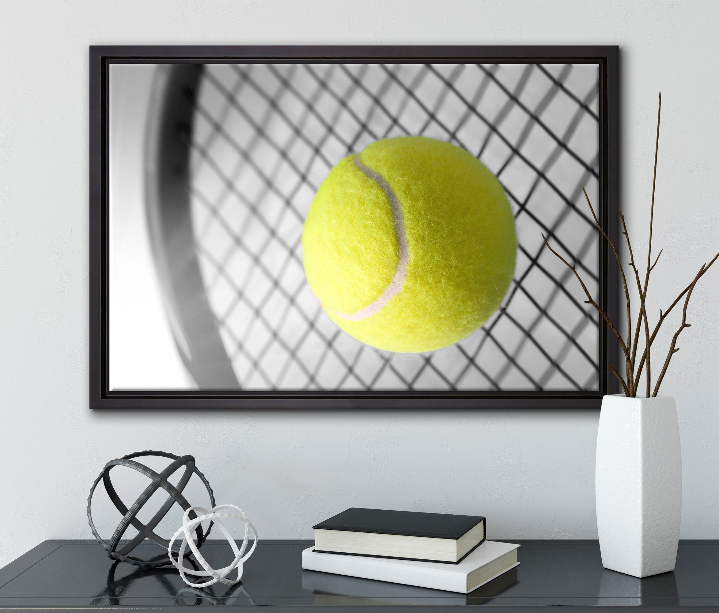 Tennisball, bespannt, St), einem Wanddekoration (1 inkl. Leinwandbild in fertig Tennisschläger Schattenfugen-Bilderrahmen Pixxprint Leinwandbild gefasst, Zackenaufhänger