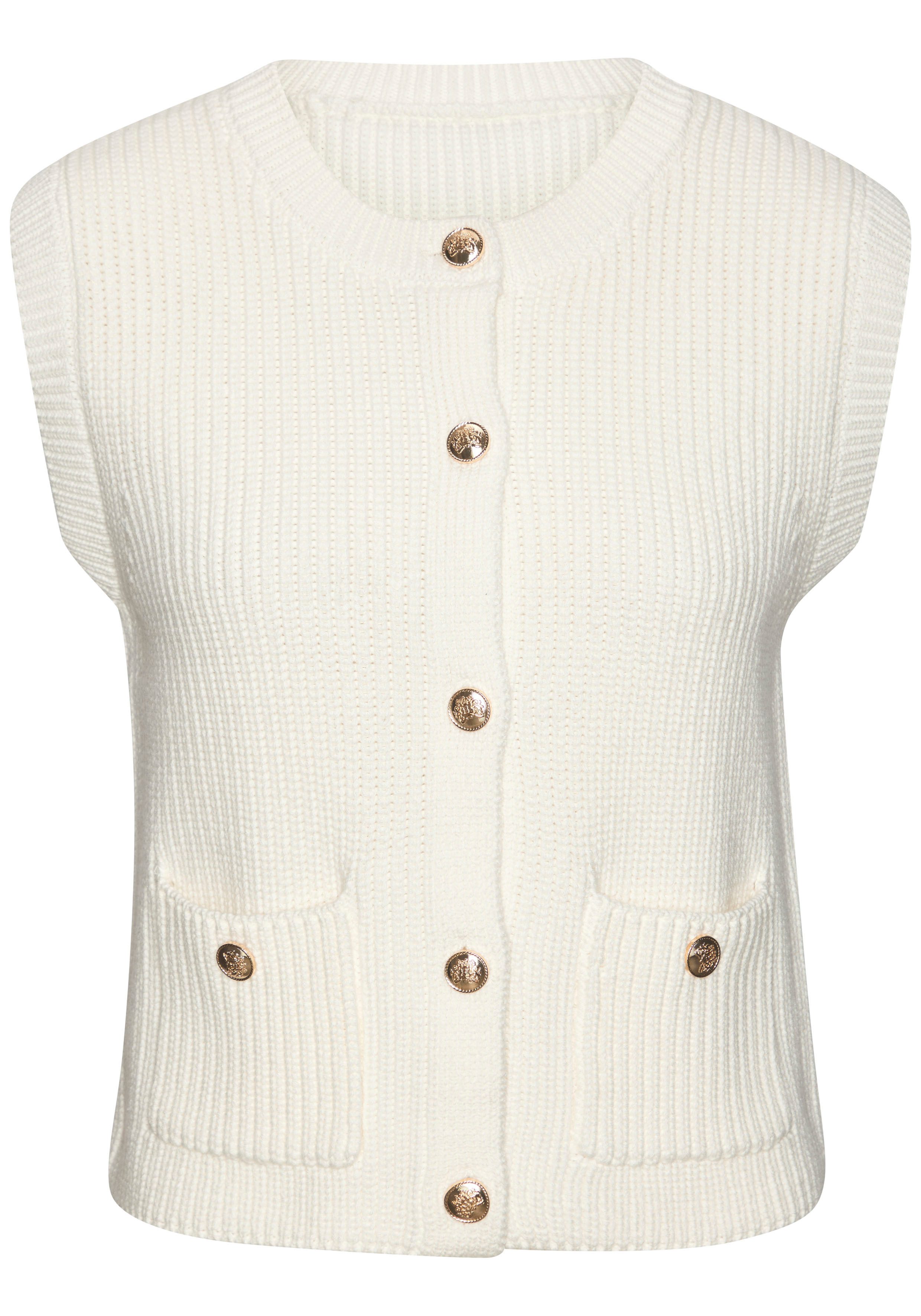 LASCANA Strickweste mit glänzender Knopfleiste und aufgesetzten Taschen Ärmellose Strickjacke, figurbetontes Stricktop, feminin, chic – Bild 2 von 5