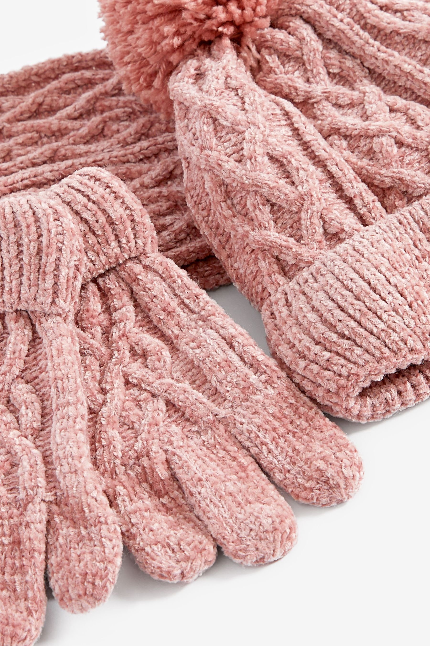 Pink Chenille Next Set Schal Mütze, im Schal Mütze & und (3-tlg) Handschuhe