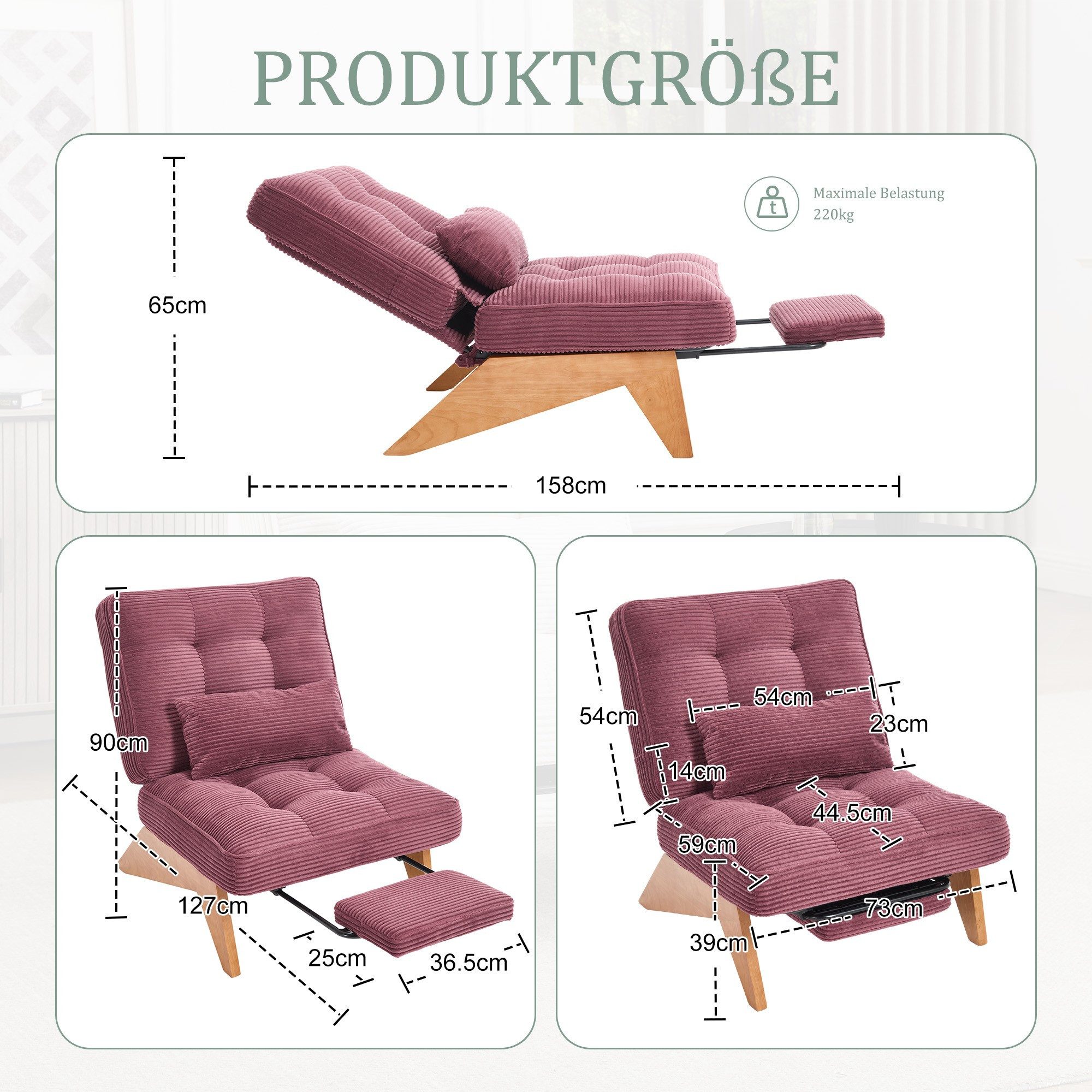 LVHOM Relaxsessel verstellbarer Loungesessel mit Fußstütze & Lendenkissen, Holzrahmen (Atmungsaktive Cord-Stoff, verstellbare Rückenlehne, integrierte ausziehbare Fußstütze, Seitentaschen. Inklusive farbig abgestimmtem abnehmbarem Lendenkissen, bis 220kg, für Lesen/Entspannen), Wohnzimmer/Schlafzimmer/Studierzimmer/Restaurant/Büro/Arbeitsbereich
