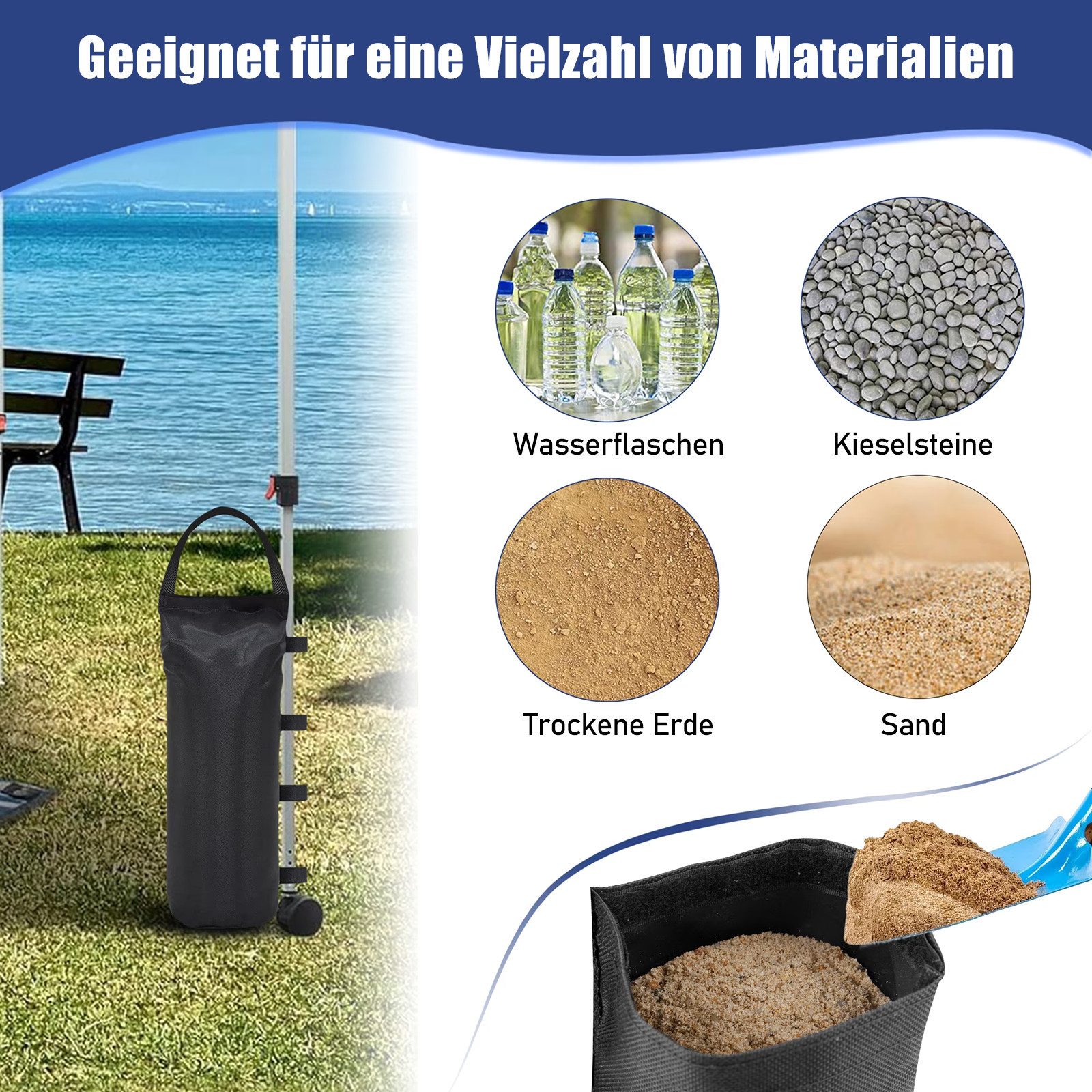 HUGERSTONE Pavillon-Sandsäcke 4er Set Sandsäcke mit Tragegriff, 800D Oxford Fabric Sandsack, 50x20cm, (Sandsack mit 4 Sicherungsbänder), Auffüllbar bis zu 10kg, für Pavillon, Baldachin, Garten und Strand
