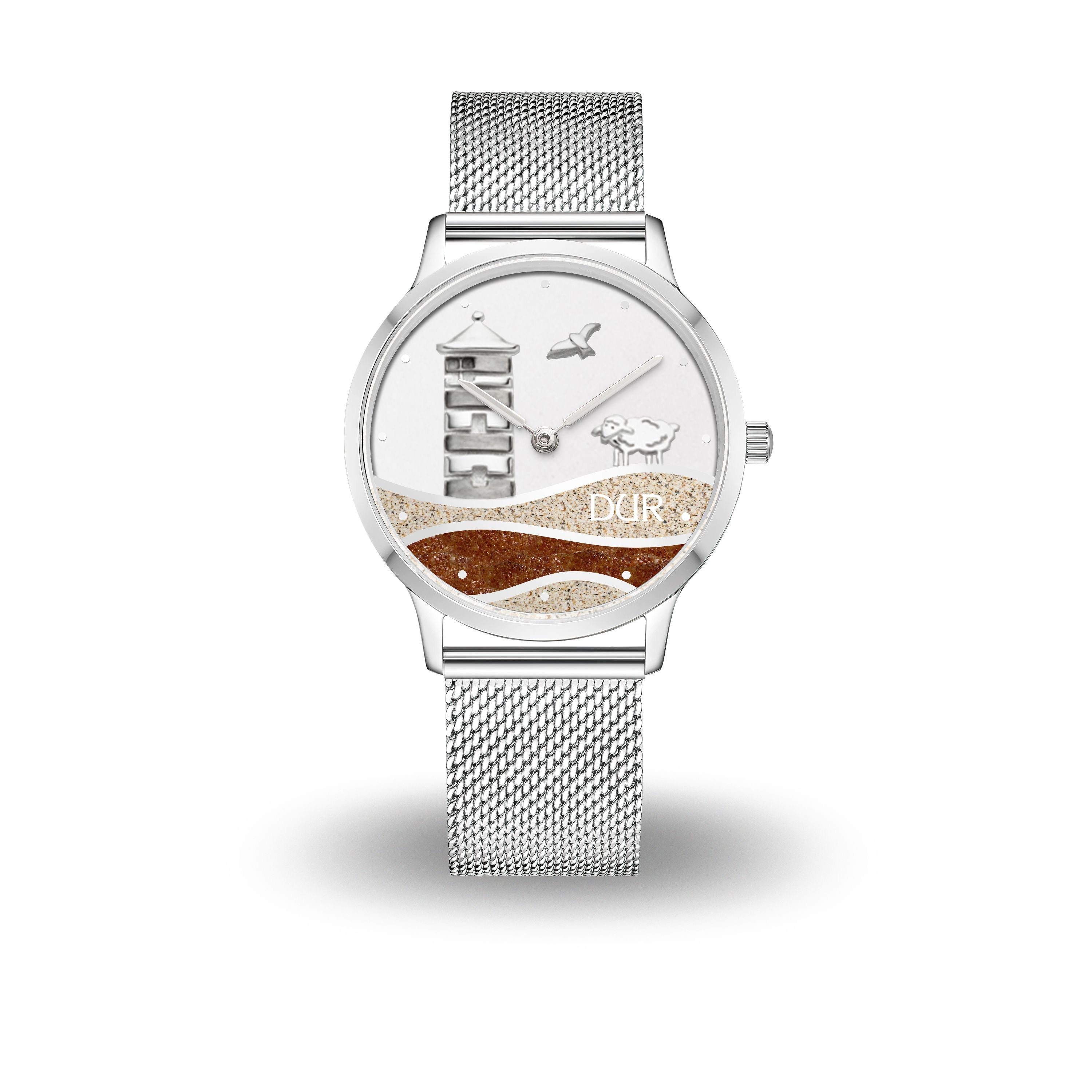 DUR Quarzuhr DW059 Pilsumer Leuchtturm – Uhr mit Bernstein- & Strandsand, 40 mm, Meshband