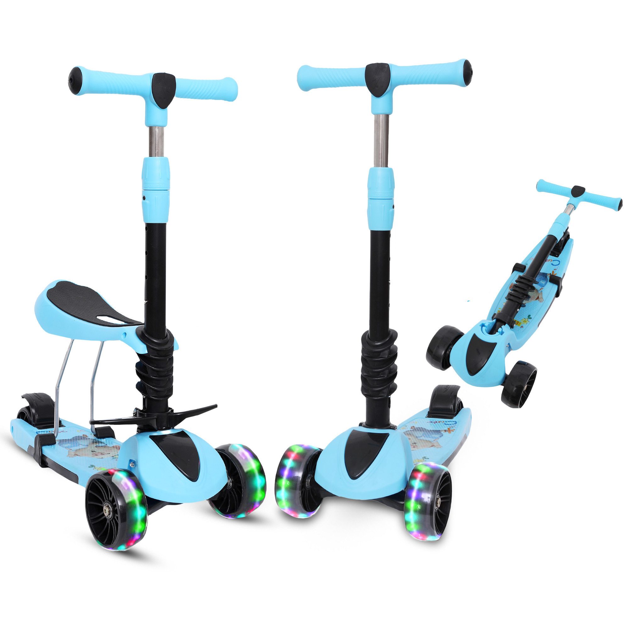 Habib Gruppe Sitzscooter 3in1 Kinderroller mit Sitz und Fußstützen, LED-Räder, Sitz mit Fußstützen, klappbar