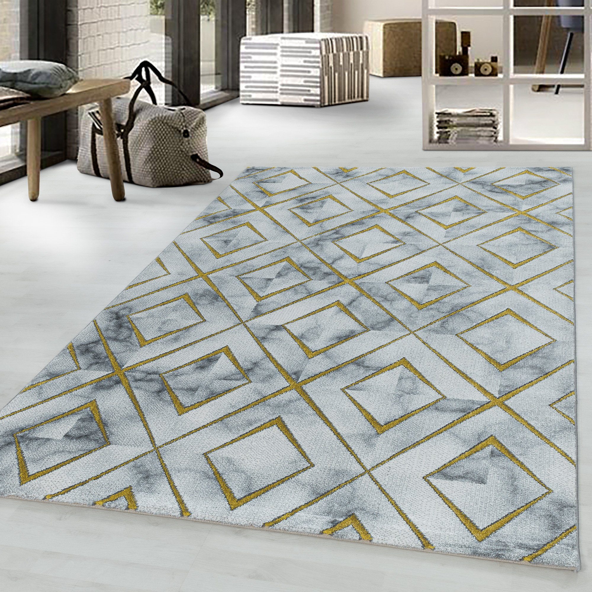 Designteppich Marmoroptik Flachflorteppich Kurzflorteppich Wohnzimmer Muster, Miovani Gold
