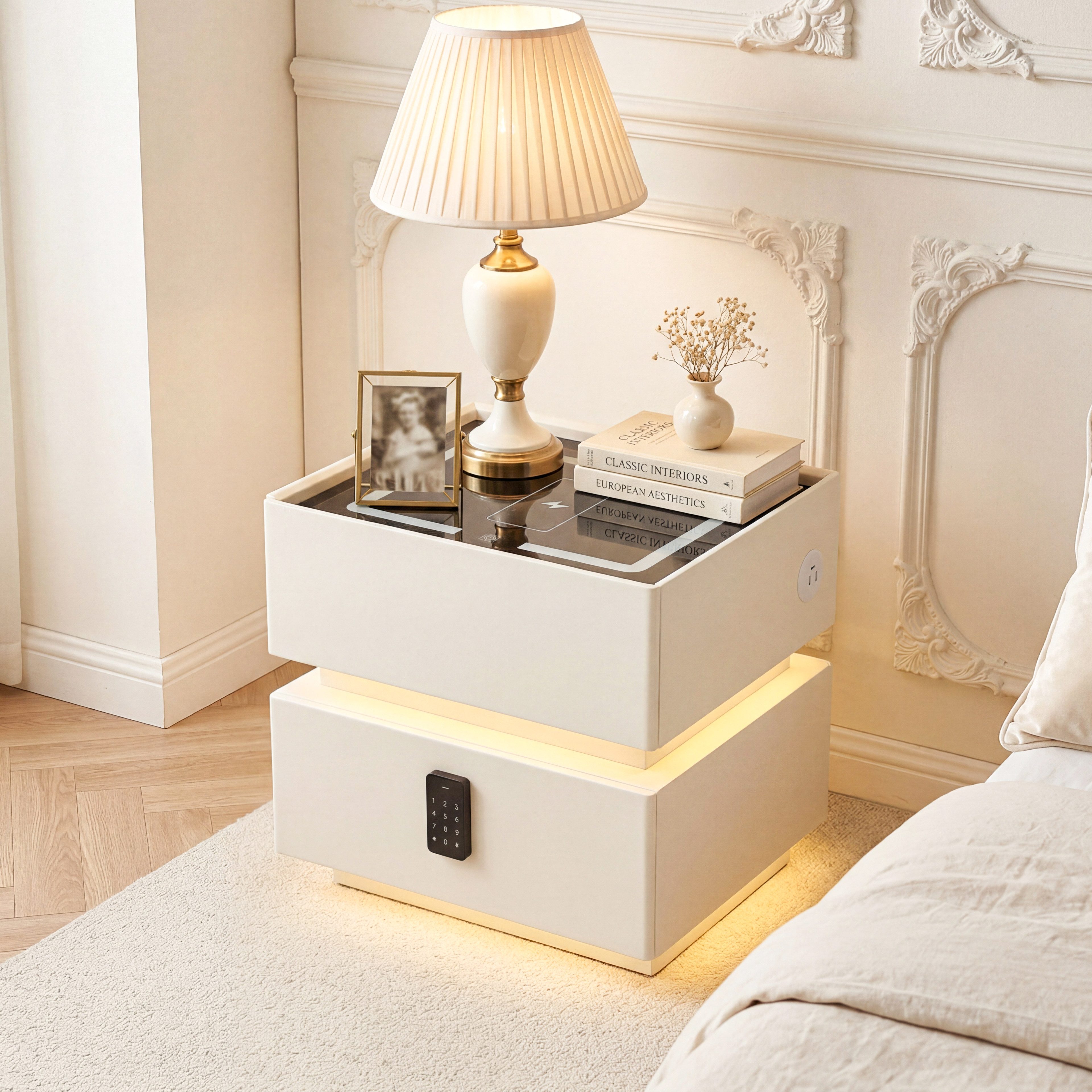 oyajia Nachttisch Beistelltisch mit LED-Beleuchtung und 15W Kabelloses Laden (Nachttisch mit 2USB + Type-C, Beistelltisch, 2 Schubladen, modern), für modernes Schlafzimmerdesign