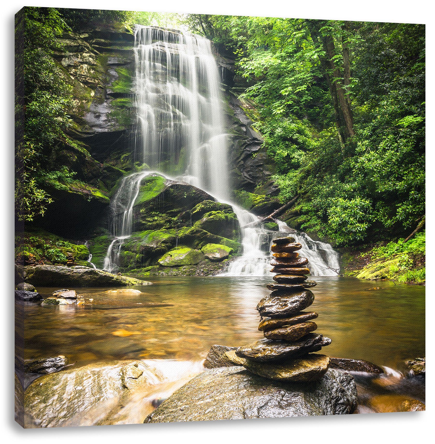 Pixxprint Leinwandbild Zen Steine vor Wasserfall, Zen Steine vor Wasserfall günstig online kaufen