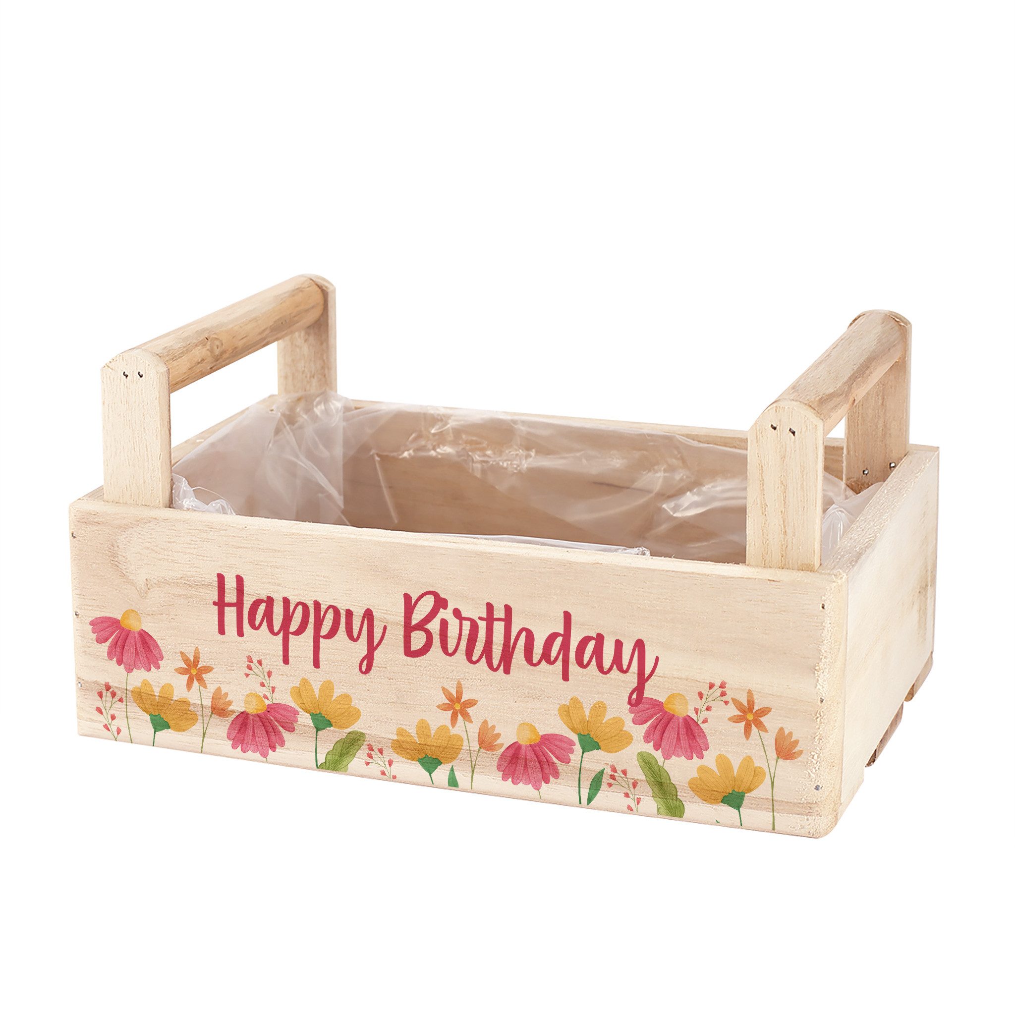 Herz & Heim Geschenkbox aus Holz - Geschenkkorb mit Blumen Motiv als Geschenkverpackung, mit Holzgriffen