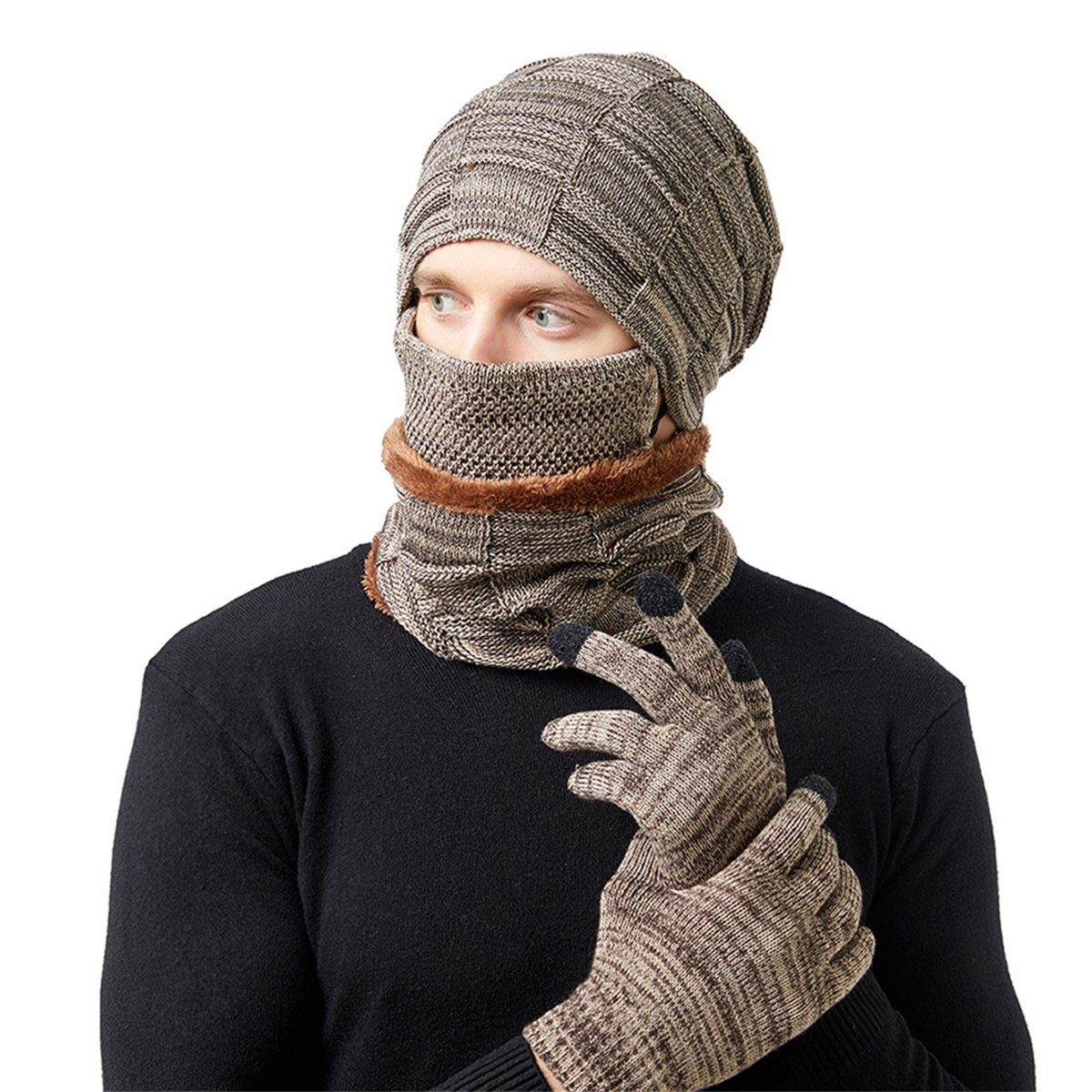 Maske, und Thermo-Strickmütze, Handschuhen Khaki aus Schal, selected Strickmütze 4-teilig Set carefully