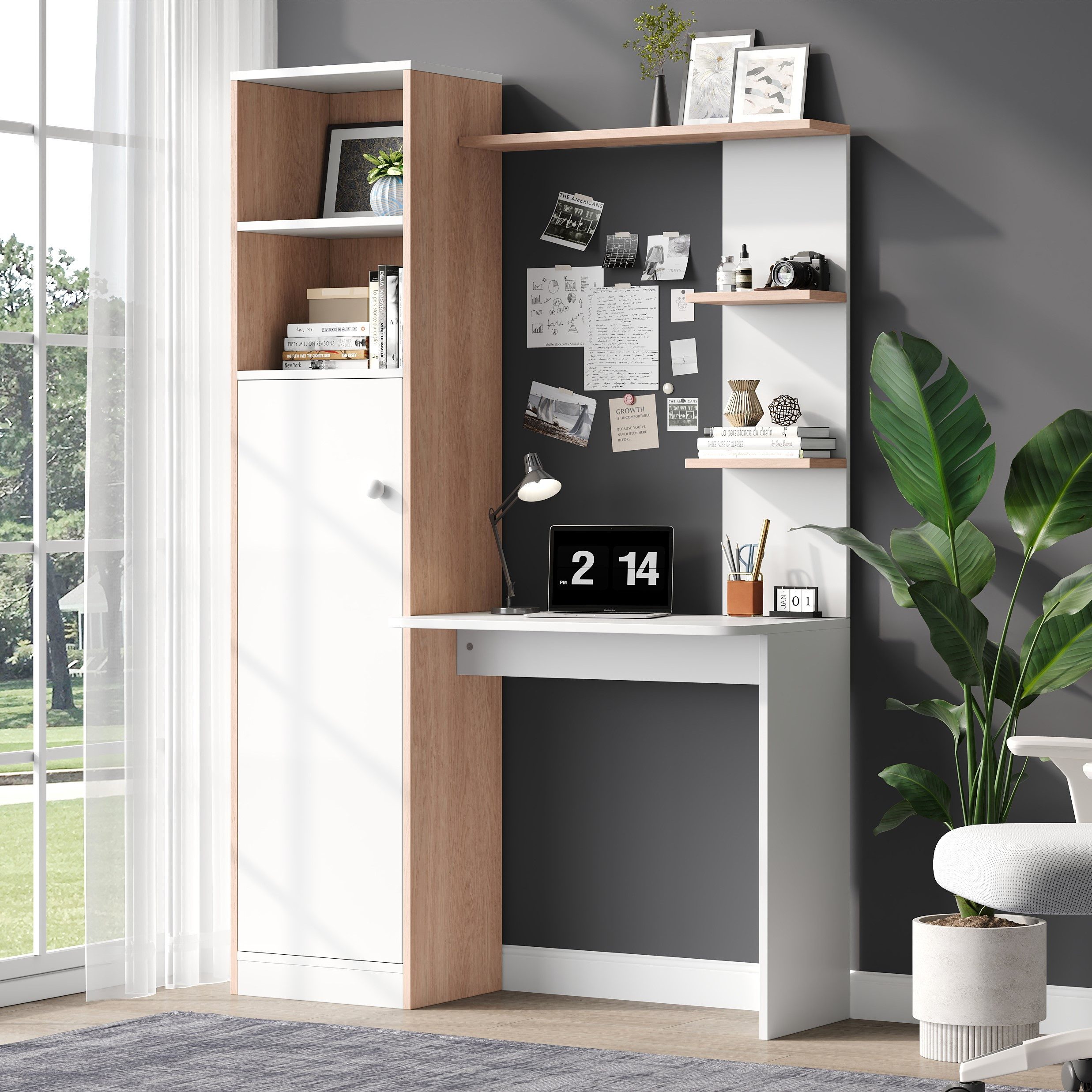 Flieks Regal-Schreibtisch Computertisch mit Hochschrank und Ablagen (123,5x45x168,5 cm, 1-St), Arbeitstisch mit Ablagen und 5 Fächern Bürorisch Holzoptik Weiß&Natur