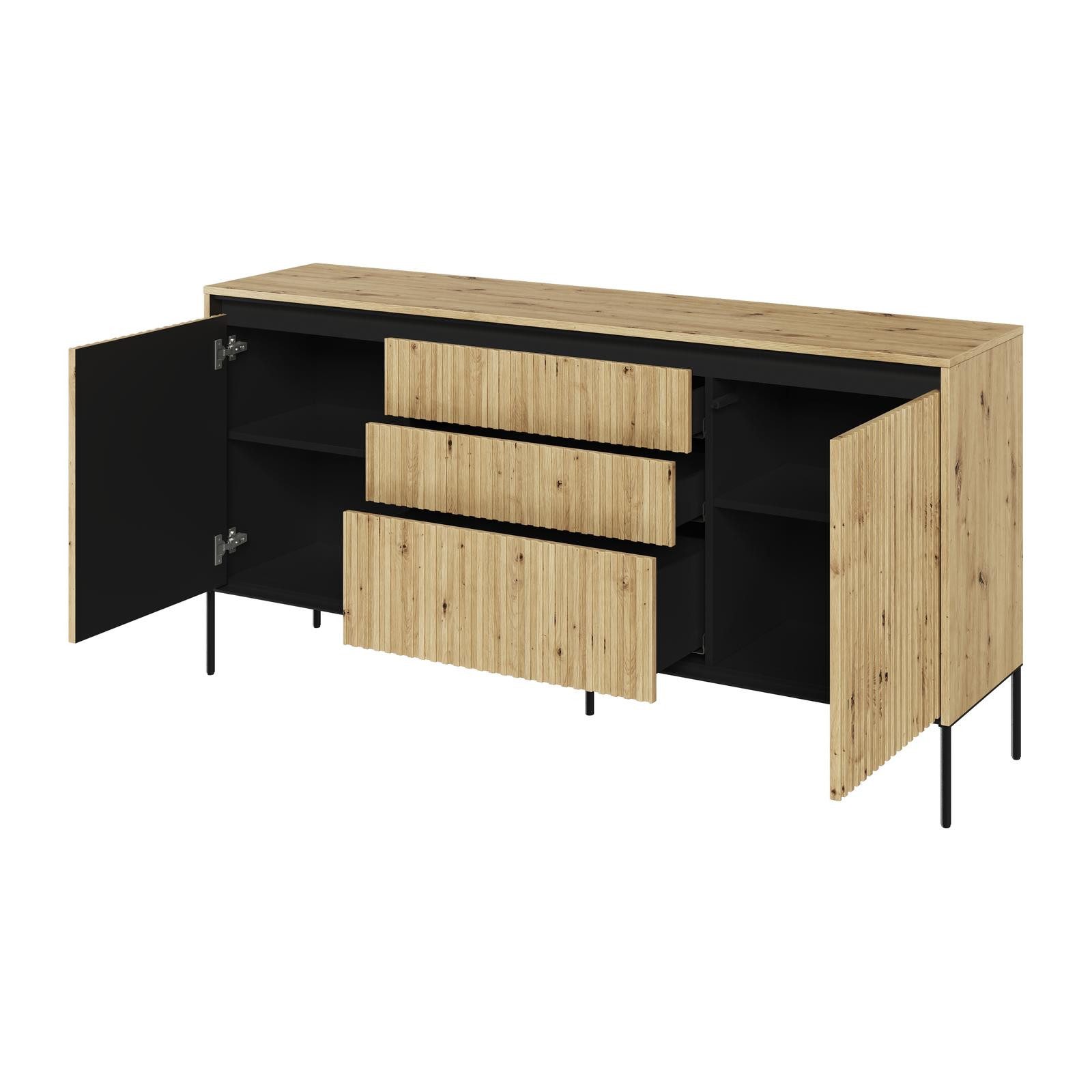 HAUSELEMENT Kommode TREND TR-01, 3 Schubladen 2 Türen LED-Beleuchtung Sideboard 166 cm Modern Geriffelt