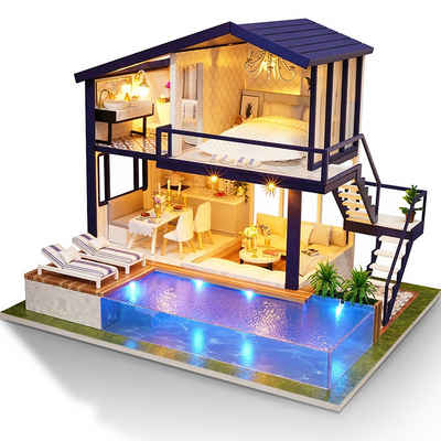 Insma Dekoobjekt (1 St), DIY LED Miniatur Hausmodell mit Schwimmbad Loft Wohnungen Holzspielzeug