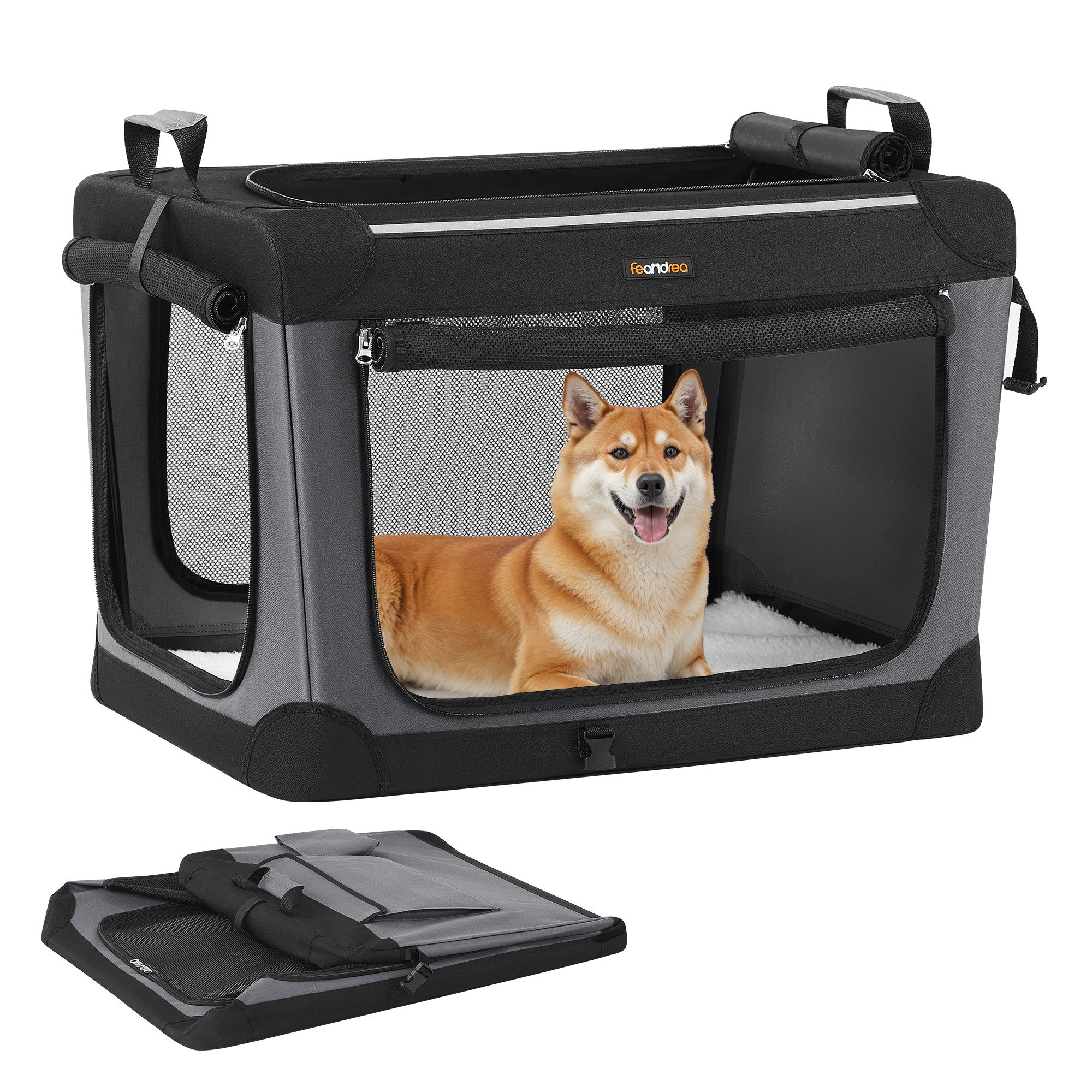 FEANDREA Tiertransporttasche Hundebox faltbar, Hundetasche, Taschen für Futter und Wasserflasche, 76,2 cm, mittelgroße Hunde, Oxford-Gewebe, 4 Türen aus Netzstoff