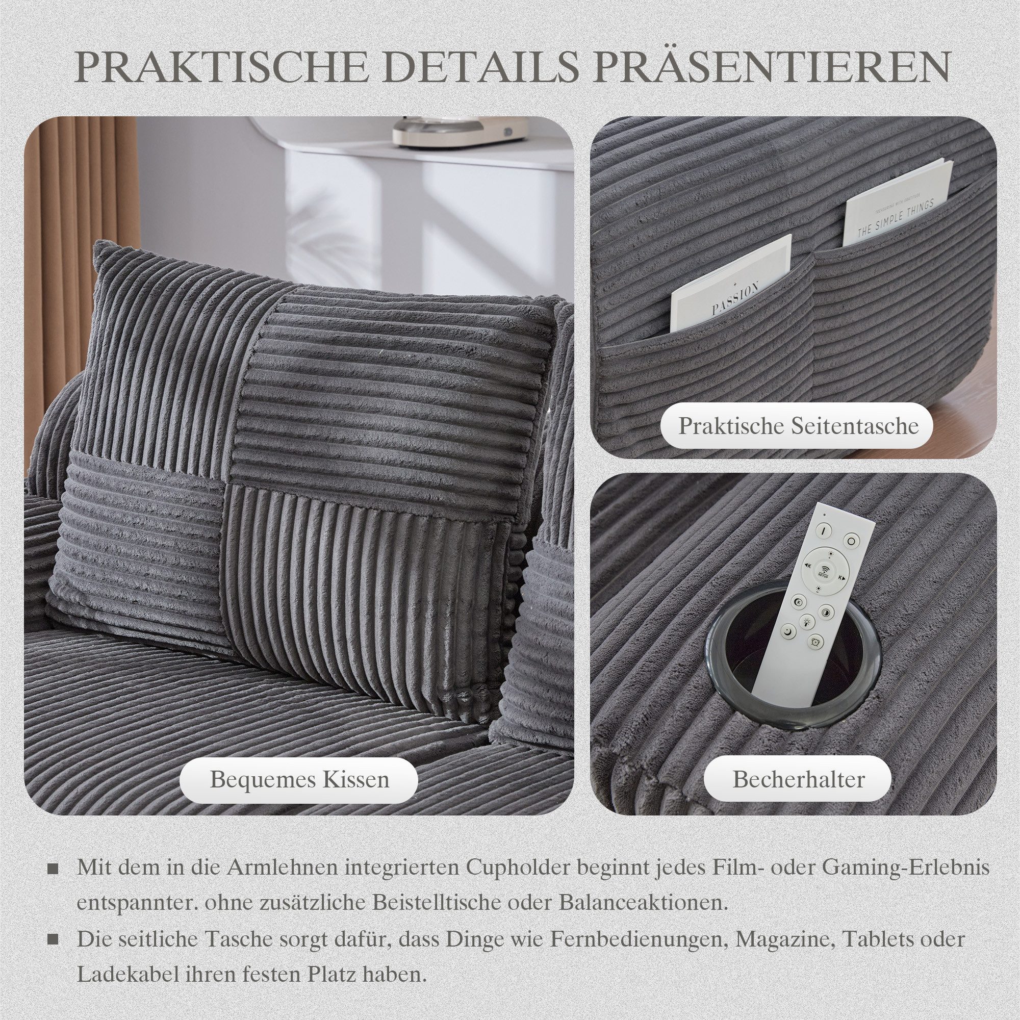 REDOM Sofa mit Getränkehalter und seitlicher Aufbewahrungstasche, 3-Personen Loungesofa mit Hockern, Frei kombinierbar