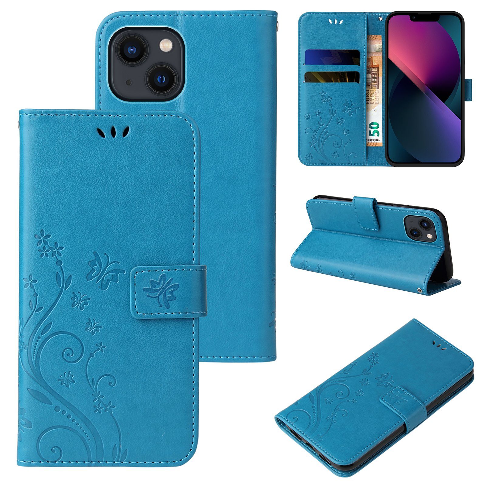 Tec-Expert Handyhülle Cover Tasche Hülle für Apple iPhone 13 6,1 Zoll, Klapphülle Case mit Kartenfach Fliphülle aufstellbar, Motiv Blumen
