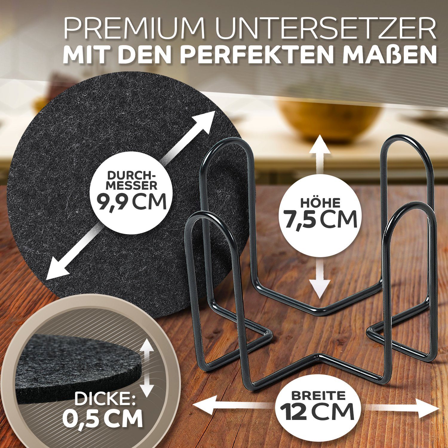 Loco Bird Getränkeuntersetzer 12er Set inkl. Halterung rund aus Filz, Zubehör für Getränke, Tassen, Bar, Glas, Design Glasuntersetzer in dunkelgrau, Tischunters – Bild 2 von 5