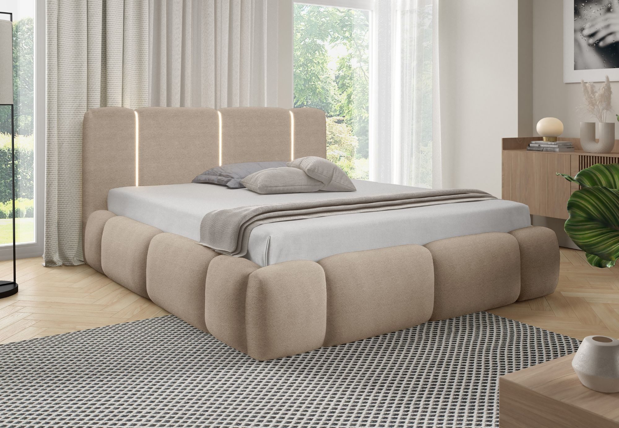 Home Collective Polsterbett Bubble Bett mit Stauraum Doppelbett mit Lattenrost und LED-Beleuchtung (Größen: 120x200, 140x200, 160x200, 180x200, 200x200), weich gepolstert modernes Design Beige