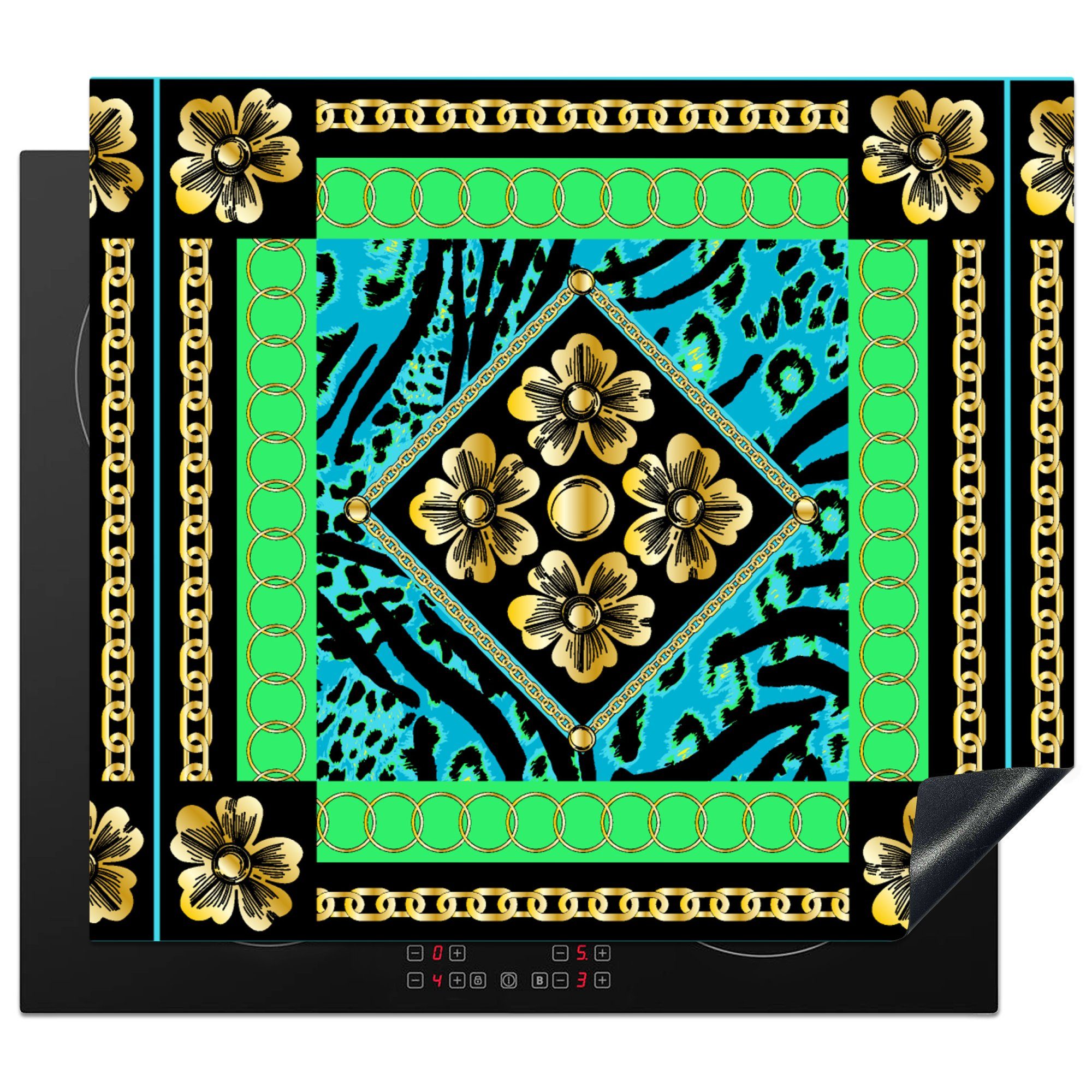 MuchoWow Herdblende-/Abdeckplatte cm, Mobile tlg), Gold - Halskette - - Arbeitsfläche Blumen 60x52 - Vinyl, Muster, Ceranfeldabdeckung Tiermuster nutzbar, (1