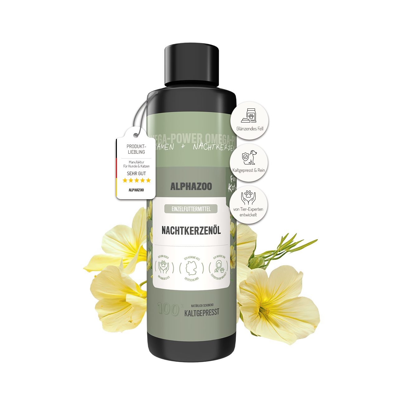 ALPHAZOO Nachtkerzenöl für Katzen 250 ml, Premium Futteröl für vitale Haut und seidiges Fell, Ergänzungsfutter für: Katzen