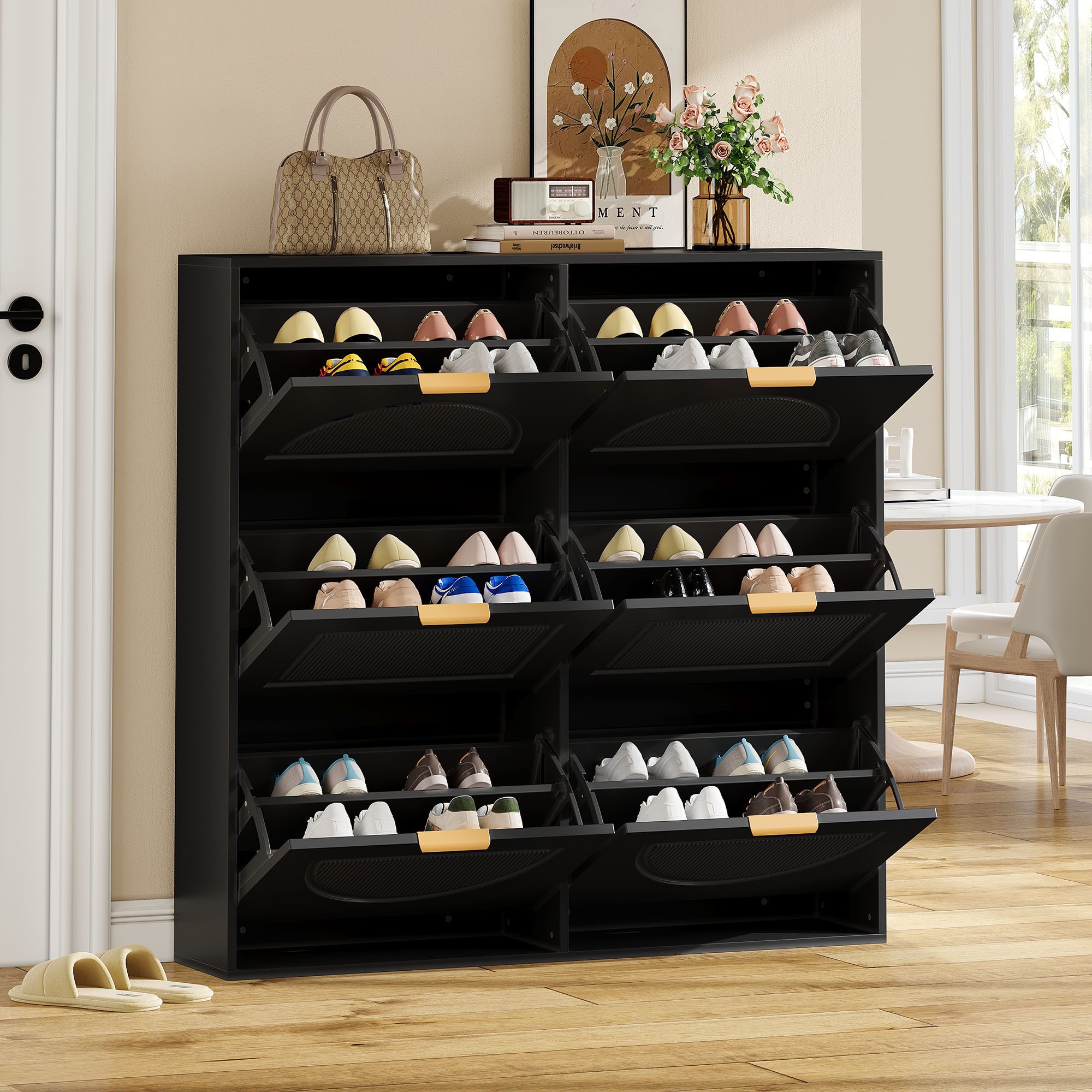 OKWISH Schuhregal Schmaler Schuhkipper, 6 Klappenfächer Schwarz 1-tlg., 6 umklappbare Schuhregale, Metallgriff