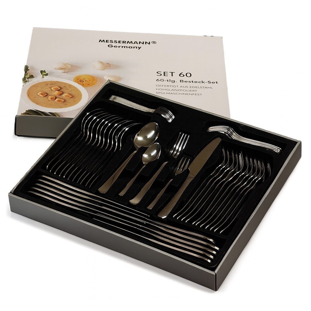 HOOZ Besteck-Set MS-6 (60-tlg), 12 Personen, Edelstahl, Vielteiliges Set für 12 Personen, Hochwertige Verarbeitung
