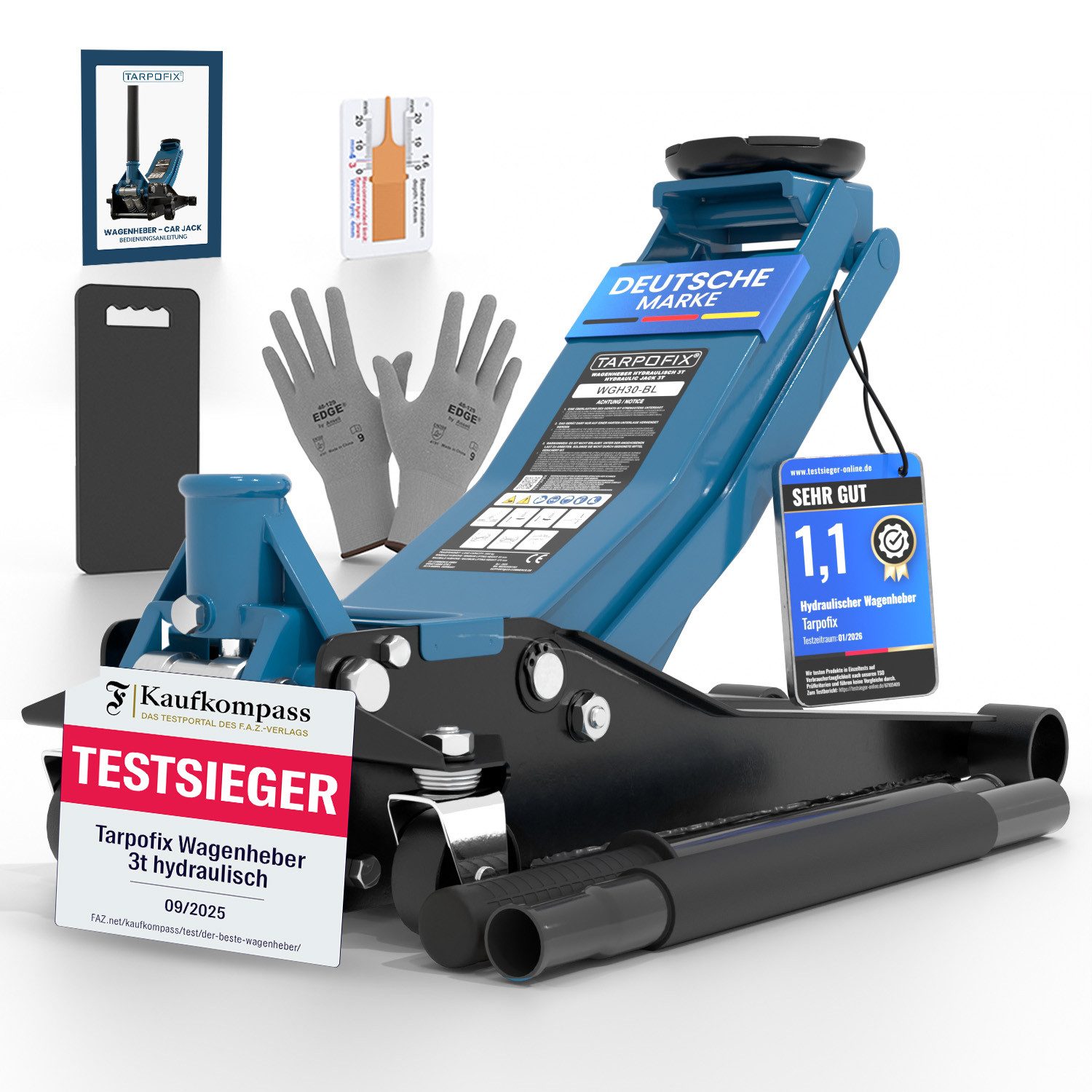 Tarpofix® Wagenheber 3t hydraulisch flach SUV tiefergelegt EN 1494, max. Hubhöhe: 47.5 cm, Rangierwagenheber Doppelzylinder, 5-tlg., inkl. Handschuhe & Kniematte, 3 t Hub 85-475 mm