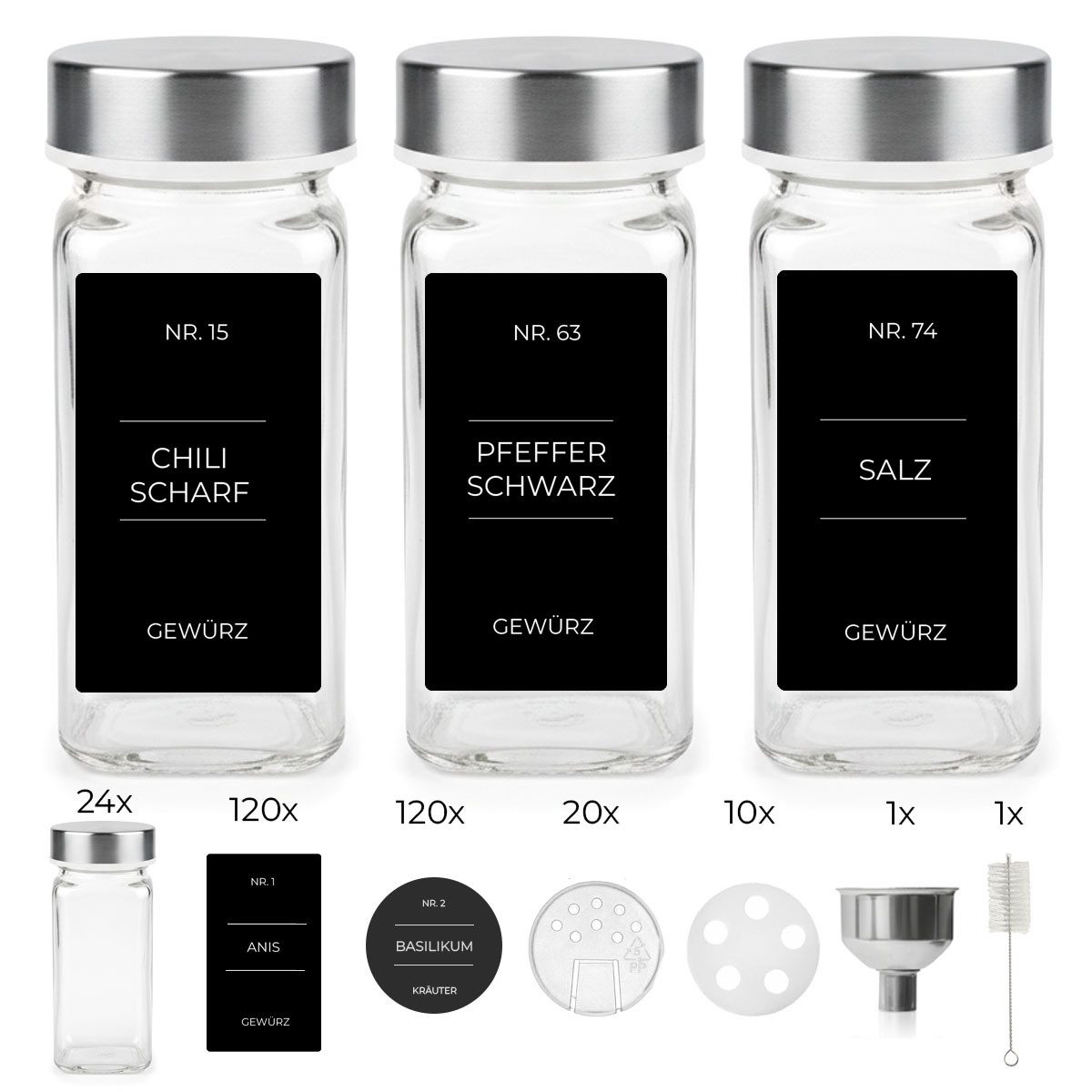 mixed24 Gewürzstreuer 24x Gewürzgläser Edelstahl Deckel 120ml, (inkl. 240 Etiketten, 30x Streueinsätze, 24-tlg), 1x Edelstahl Trichter, 1x Reinigungsbürstchen