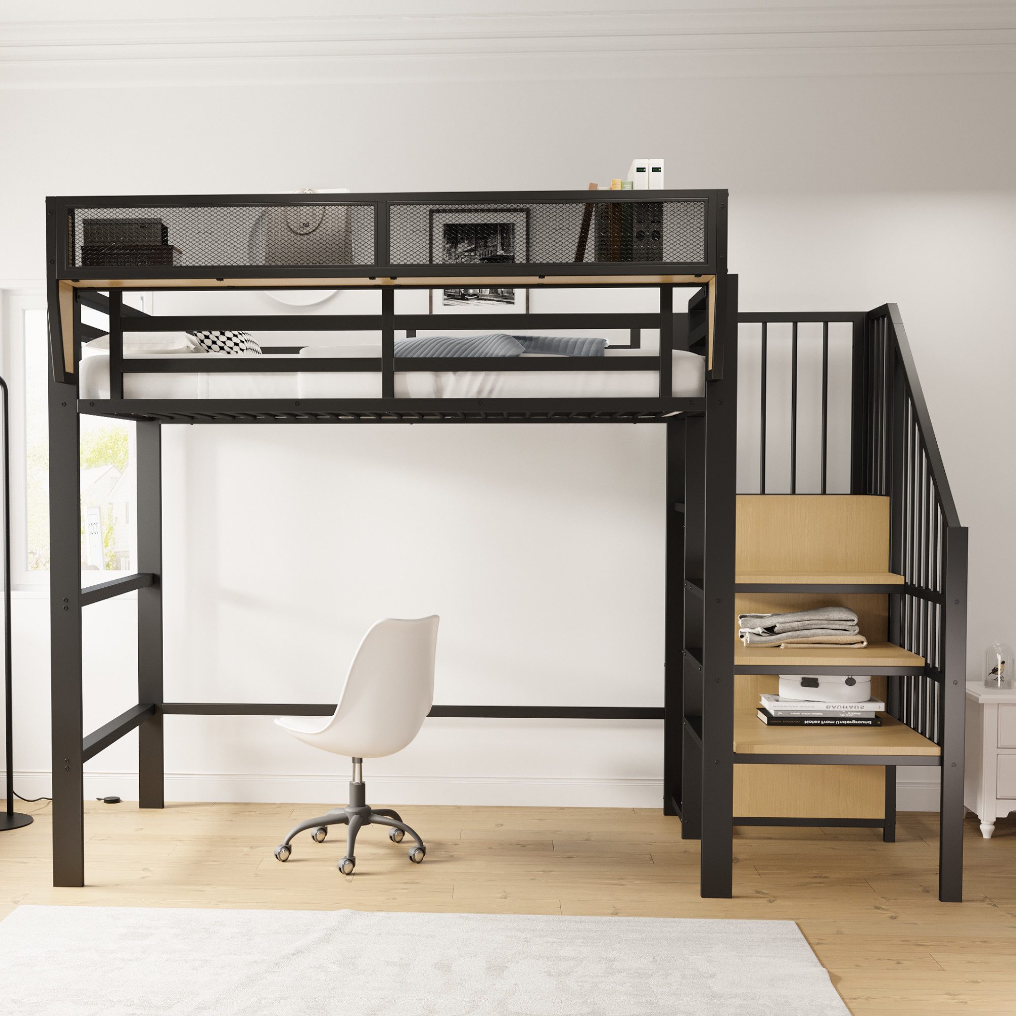 Merax Hochbett (1-St., 255 x 95 x 191 cm) Kinderbett Metallbett 90x200cm mit Sicherheitsleiter Staufach Regal