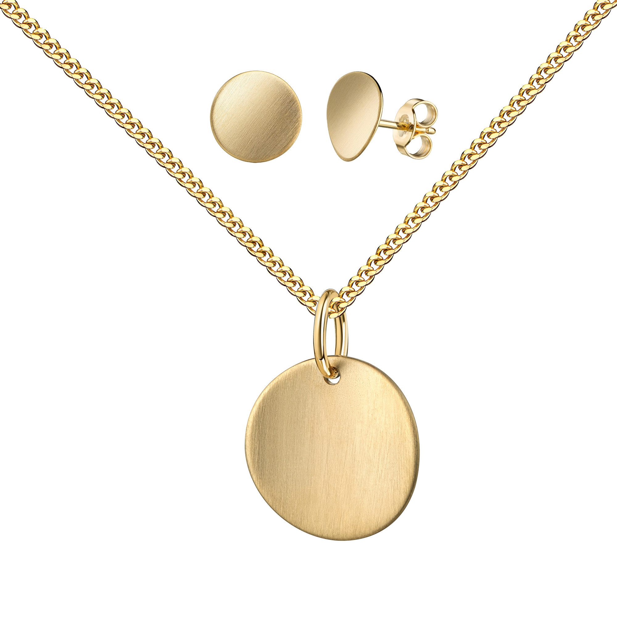 JEVELION Schmuckset Anhänger 333 Gold 2x Ohrstecker rund gewölbtes Blatt fein gebürstet (Goldanhänger + Gold-Ohrschmuck, für Damen und Mädchen), Mit Kette vergoldet- Länge wählbar 36 - 70 cm oder ohne Kette.