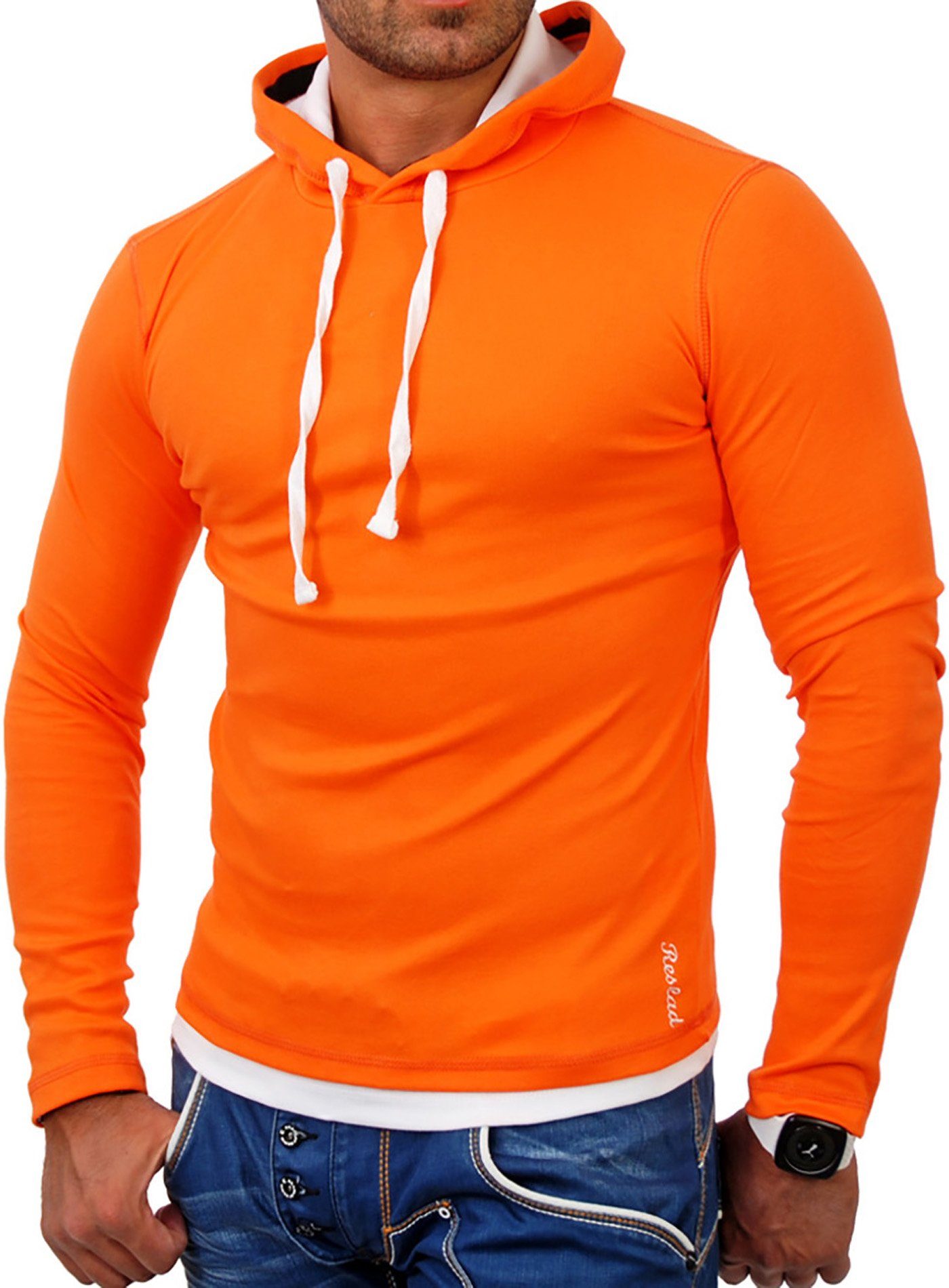 Reslad Sweatshirt (1-tlg) Kapuzen Herren Layer-Look RS-1003 Sweatshirt Reslad Kapuzensweatshirt orange-weiß