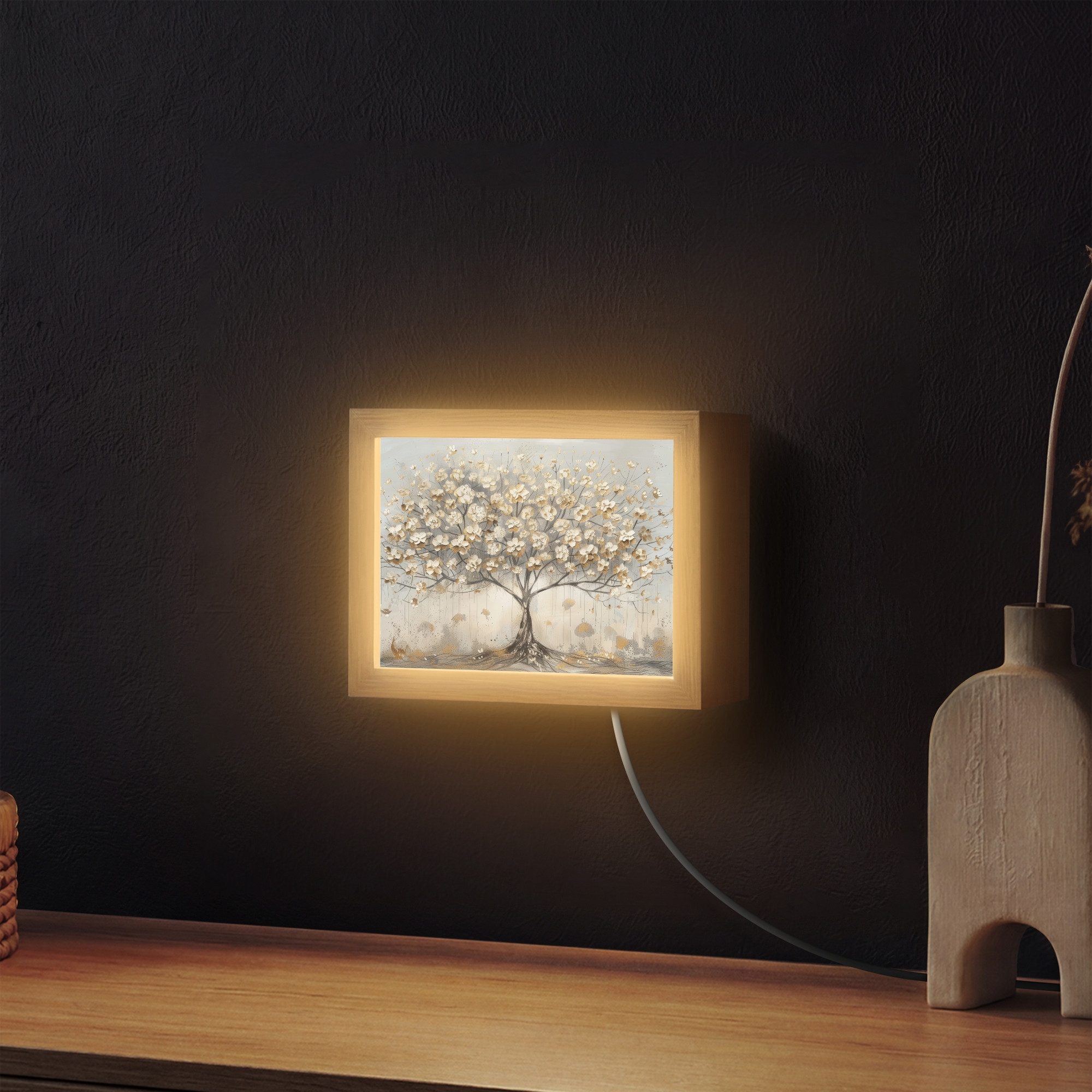 OnlyWow Wandleuchte Lightbox Baum - Beige - Gold - Lackoptik - Grau, Dimmbar, Farbwechsel, LED, Warmweiß, Kaltweiß, Neutralweiß Einstellbar, Wandlampe Innen, Dimmbar, mit Kabel, LED, Modern, Flur