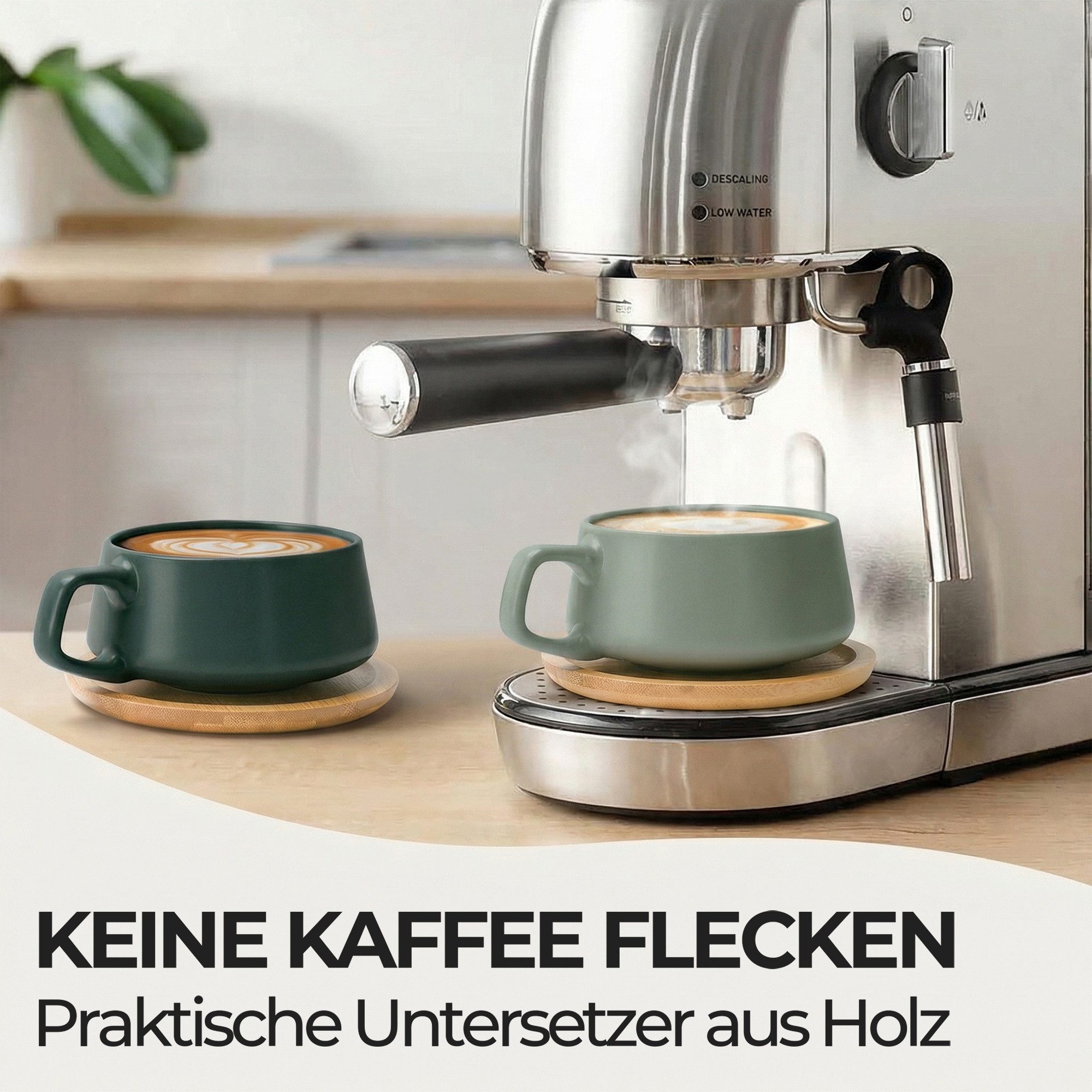 MiaMio Cappuccinotasse Luxe Evergreen Grün, 8-tlg., Keramik, 320 ml, mit Holzuntersetzern