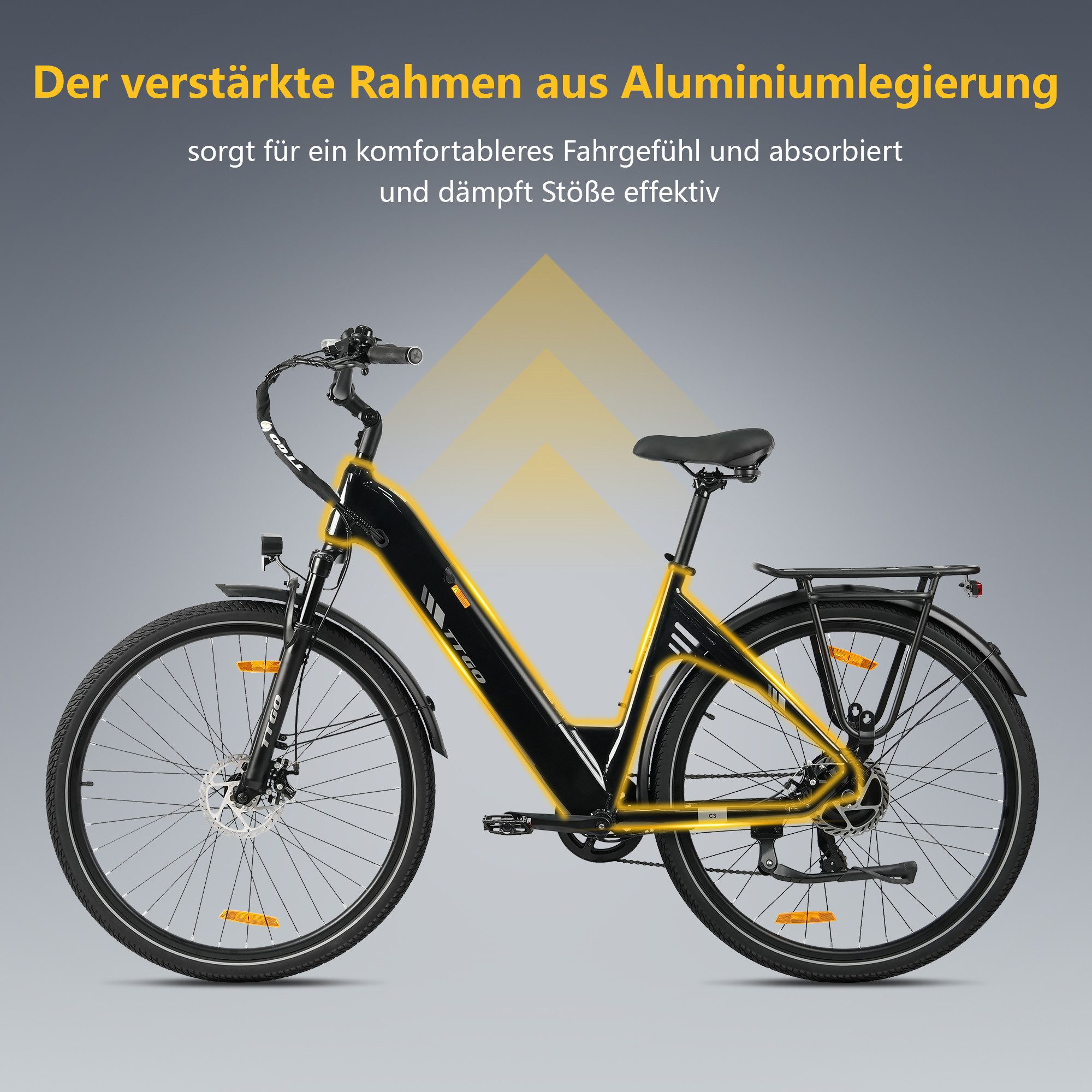 TTGO E-Bike Cityrad 28 x 2,0 Zoll, 120km, C3 SE, Elektrofahrrad mit Tiefeinsteiger-Rahmen, 7 Gang SHIMANO, Kettenschaltung, Heckmotor, 648 Wh, 5 Stufen, Leicht nur 25kg, Pedelec bis zu 120kg, Aluminiumrahmen