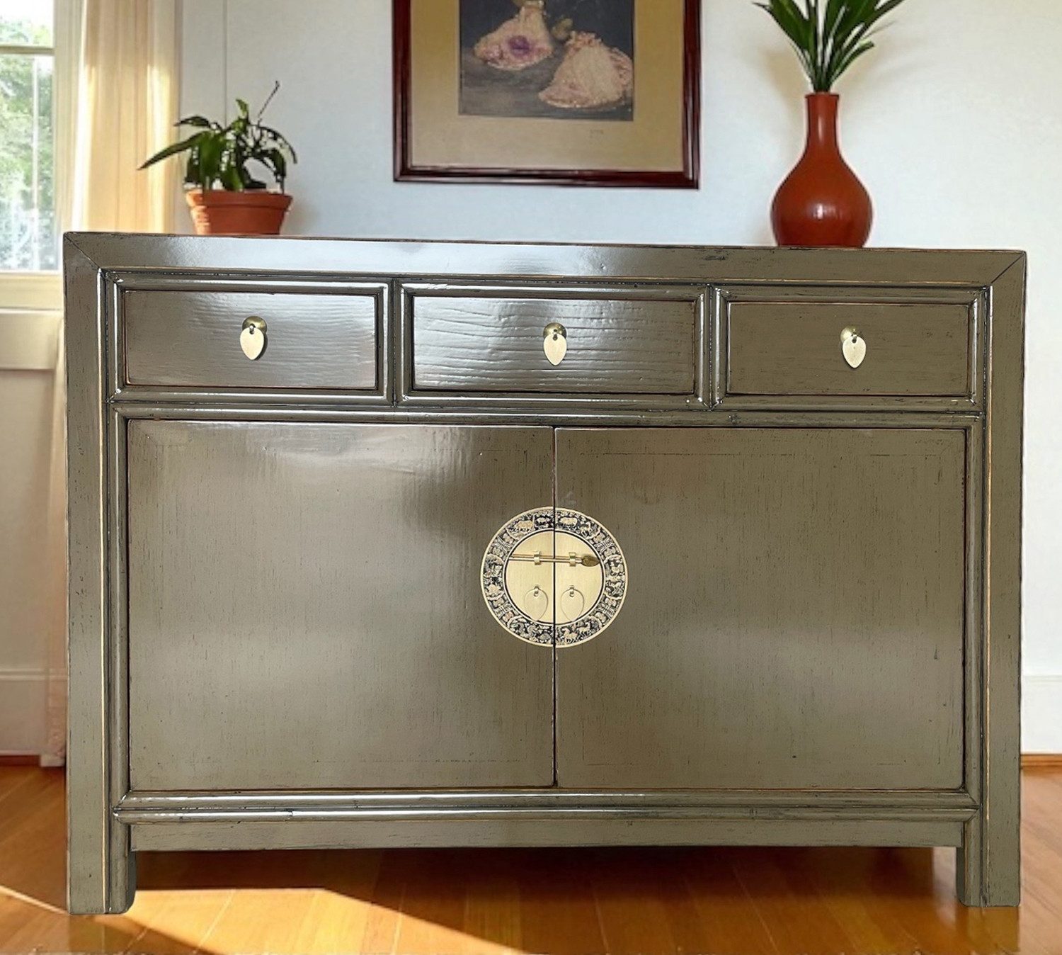 OPIUM OUTLET Kommode Vintage Schrank Sideboard braun asiatisch chinesisch orientalisch (B x T x H: 117 x 40 x 85 cm, Anrichte Buffet braun), Asia Möbel Hochzeitsschrank komplett montiert