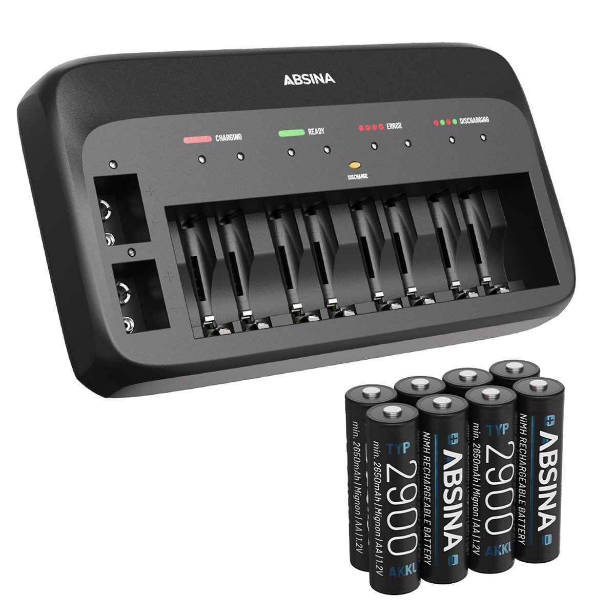 ABSINA X10 Akkuladegerät für AA, AAA & 9V - Batterieladegerät inkl. 8x Akkus Rundzellen-Lader (1-tlg) von ABSINA