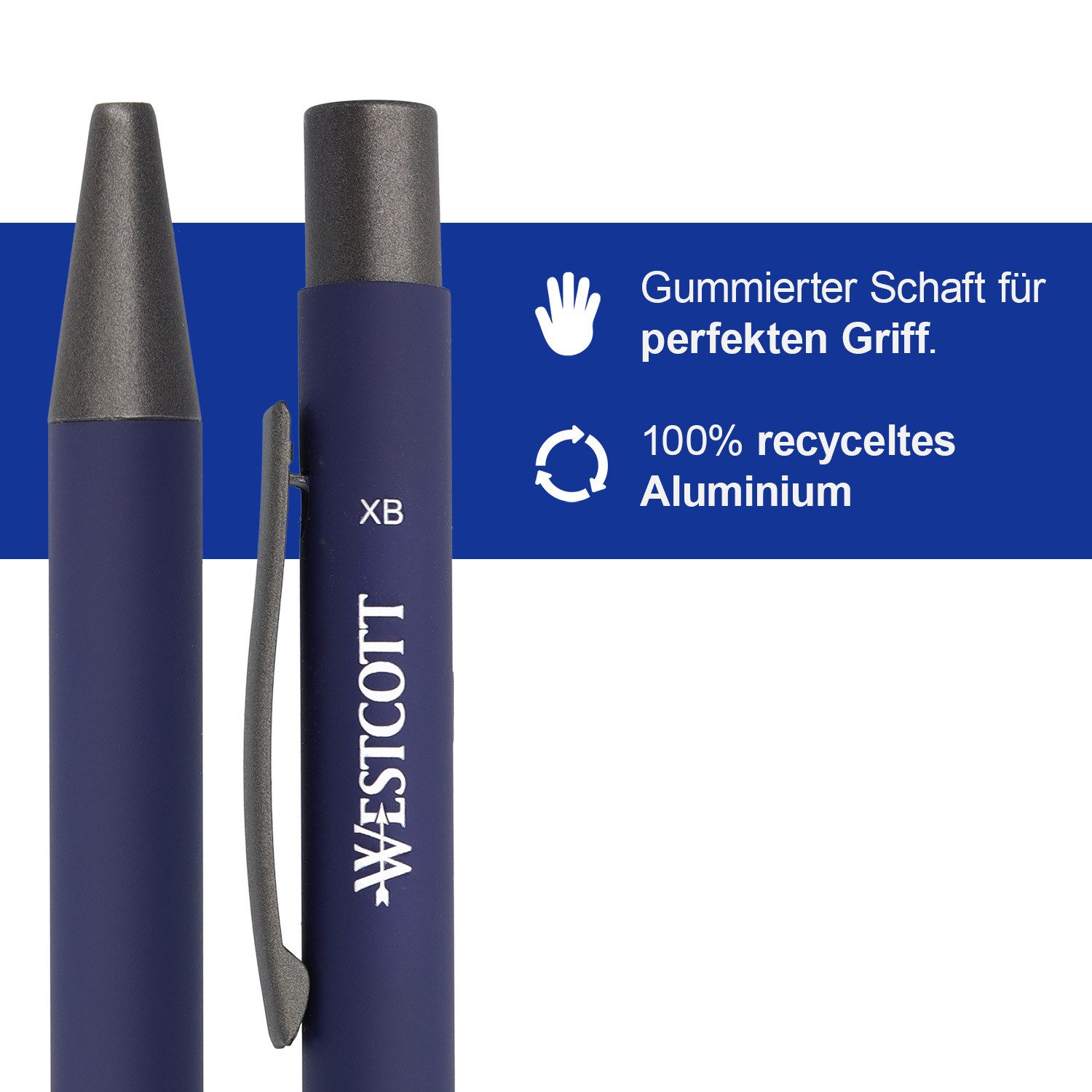 WESTCOTT Druckkugelschreiber Premium Kugelschreiber 5 Stück Blau, XB 1,4mm blaue Tinte, (Vorteilspack, 5-tlg), aus Aluminium, dokumentenecht